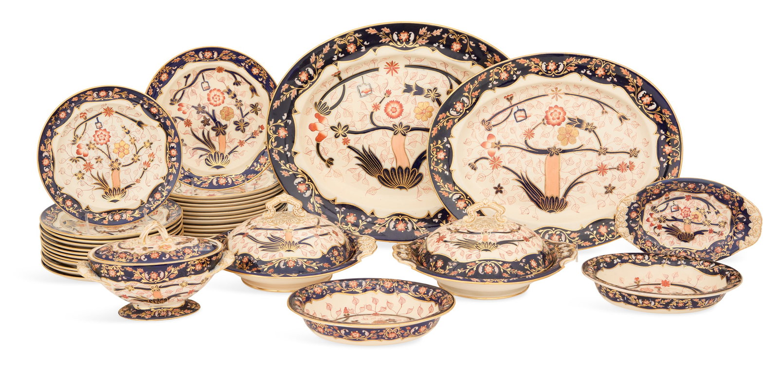 Copeland Creamware Dinner Service: Copeland Creamware Dinner Service ca. 1850-1867, in the Imari palette, some pieces impressed with mark and pattern number "609", the service including; twenty-four plates, dia. 9"; two covered vegetab