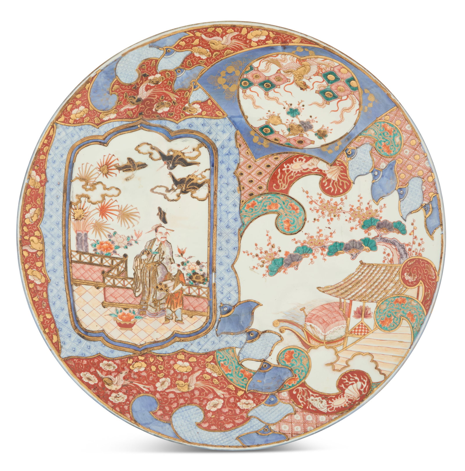 Large Japanese Imari Porcelain Charger: Large Japanese Imari Porcelain Charger ca. 1880-1900, carefully decorated with a figure in a garden with bats overhead, dragons, swallows and a tea house, with raised details, the bottom with characte