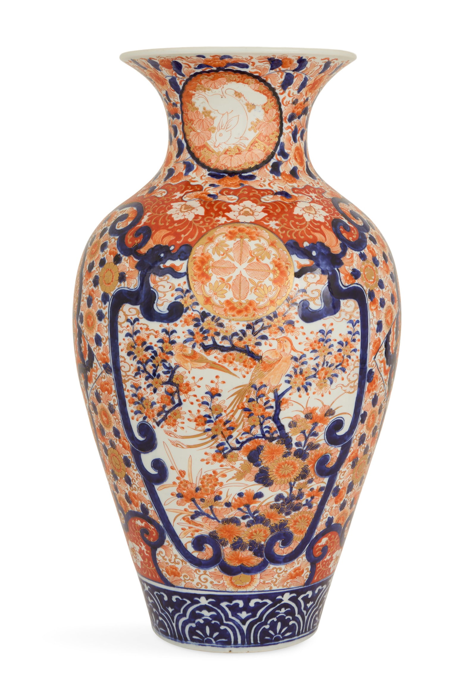 Large Japanese Imari Porcelain Vase: Large Japanese Imari Porcelain Vase Meiji Period (1868-1912), decorated with peacocks in flowering trees, with chrysanthemums in the foreground, and fan-shaped panels on the sides, the base with a dec