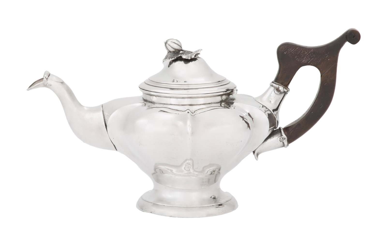 Victorian Silverplate Teapot: Victorian Silverplate Teapot third quarter 19th century, by Shaw & Fisher, Sheffield, of extravagant serpentine-lobed form, with squat "gooseneck" spout, molded foot and lid, melon-form finial, and sc