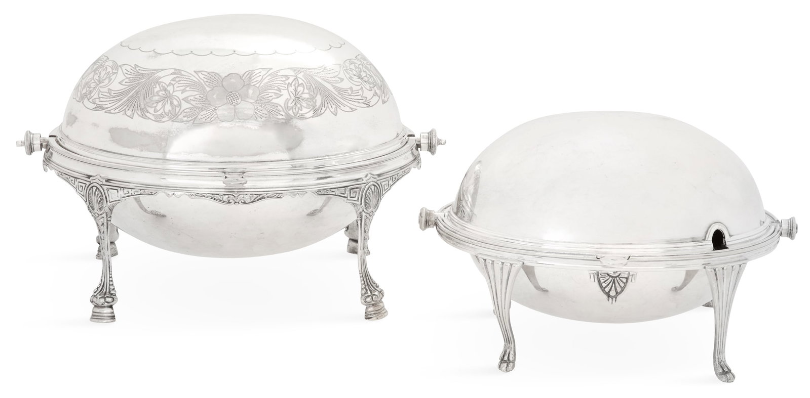 Two Victorian Silverplate Vegetable Dishes: Two Victorian Silverplate Revolving Cover Vegetable Dishes fourth quarter 19th century, one by William Hutton & Sons, plain, raised on reeded legs ending in lion's-paw feet, the liner, mazarine and on