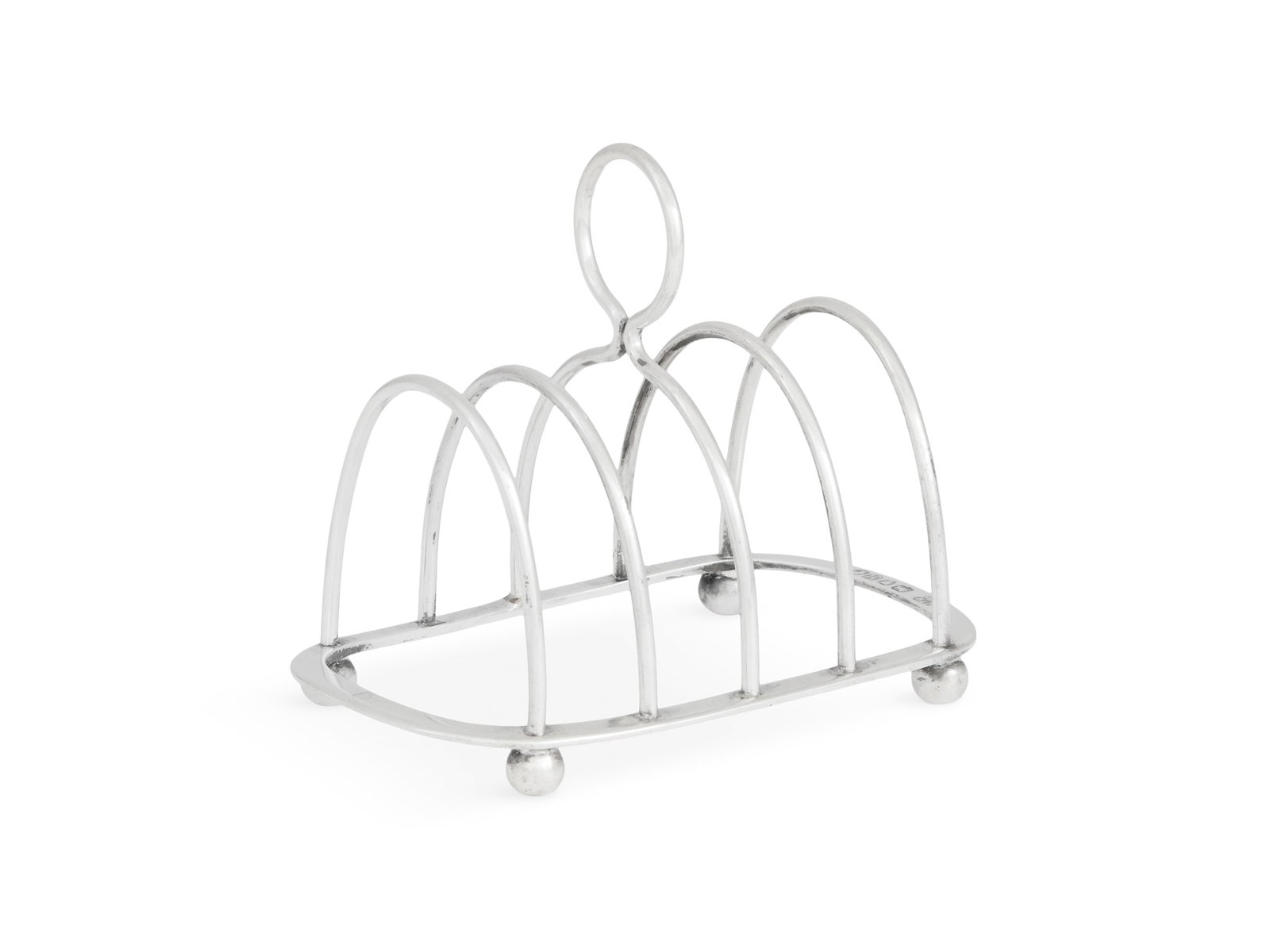 Victorian Sterling Silver Toast Rack: Victorian Sterling Silver Toast Rack hallmarked London, 1887-1888, by Hukin & Middleton, the four-section rack with arched dividers, ring handle and ball feet. h. 3-1/4", l. 4", w. 2-1/2"; 2.06 t. oz.
