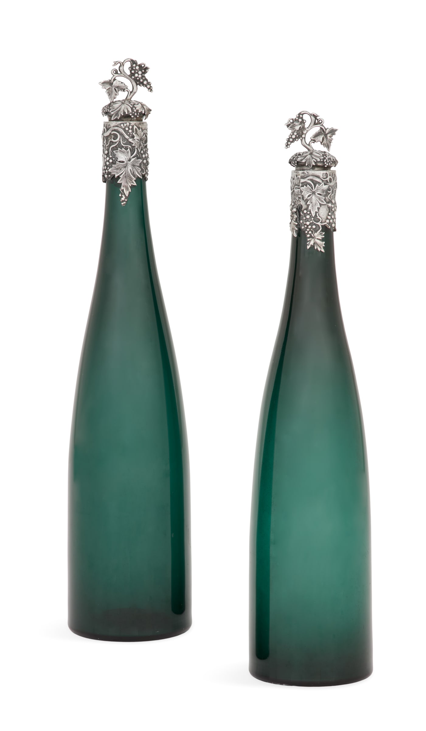 Pair of Victorian Silver-Mounted Glass Decanters: Pair of Early Victorian Sterling Silver-Mounted Emerald Glass Decanters hallmarked London, 1839-1840, by Henry Manton, the emerald glass bottles with tall, slender necks, the mouth clad in a silver co