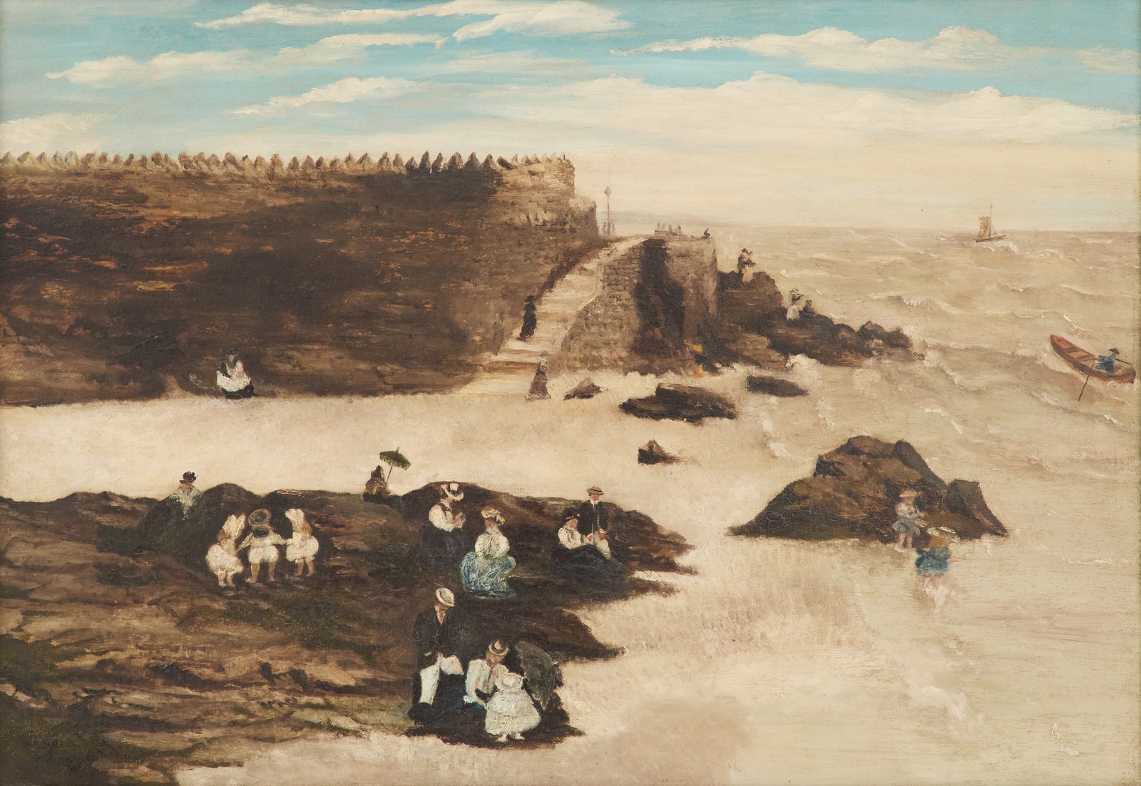 British School (Mid-20th Century): British School Mid-20th Century "Vacationing by the Shore and Fort" oil on canvas unsigned, a "Winsor & Newton, London" canvas stamp en verso. Framed. 14" x 20", framed 21" x 27" Provenance: Collectio