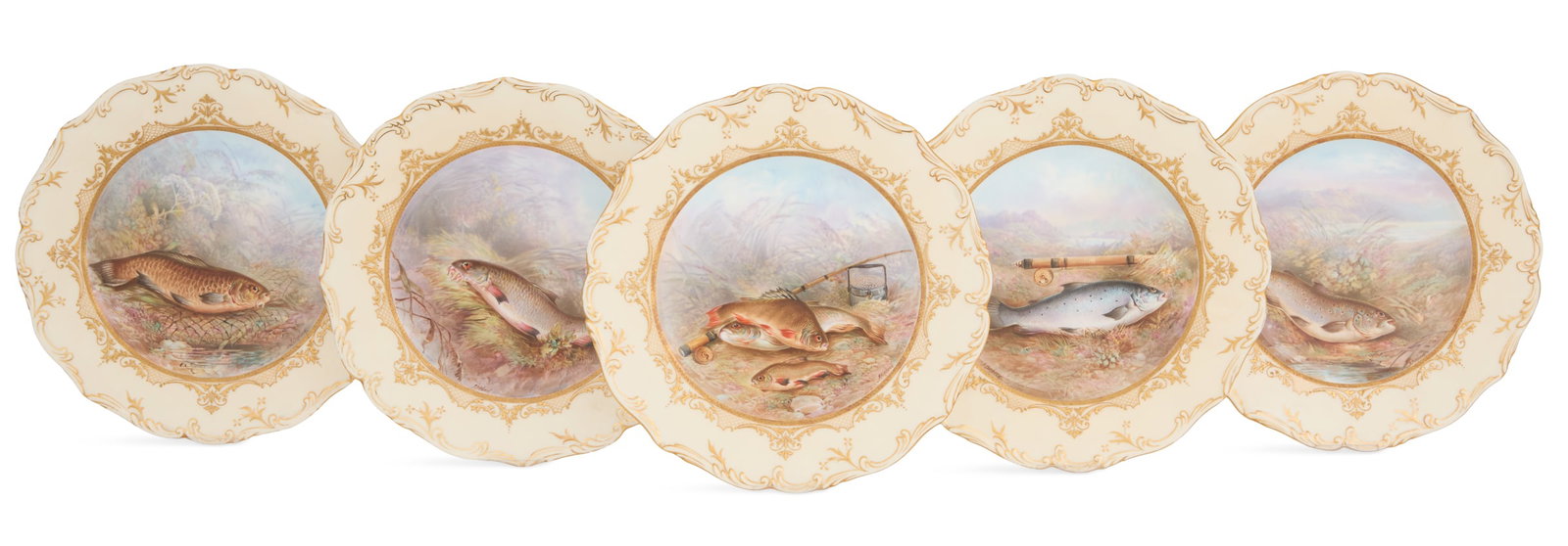 Set of Five Fish Plates by Joseph Birbeck, Sr.: Set of Five Fish Plates by Joseph Birbeck, Sr. post-1891, the blanks made by Brown-Westhead Moore & Co., Cauldon, England, each plate painted with foliage. dia. 9"