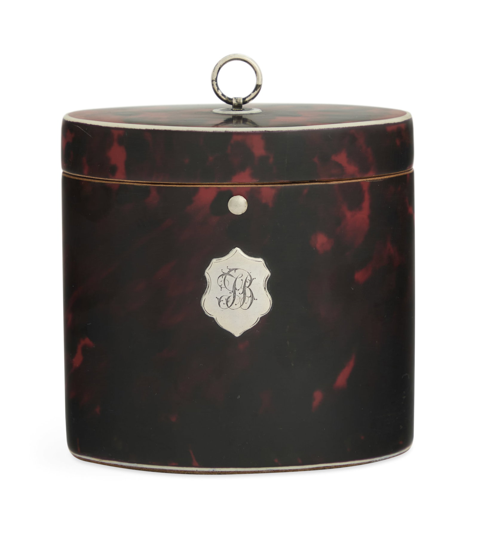 George III Oval Tea Caddy: George III Oval Tea Caddy ca. 1800, the caddy facade set with a shield-shaped monogrammed mount, the hinged cover with a ring-pull knop, opening to reveal an interior with a matching cover over remnan
