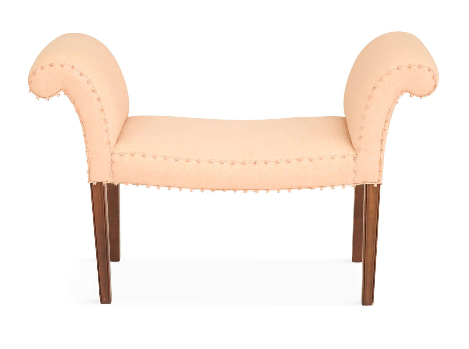 George III-Style Mahogany Window Seat: George III-Style Mahogany Window Seat 20th century, with raised out-scrolled padded arms, set on tapered square Marlborough legs. h. 28", seat h. 18-1/2", w. 43", d. 16"