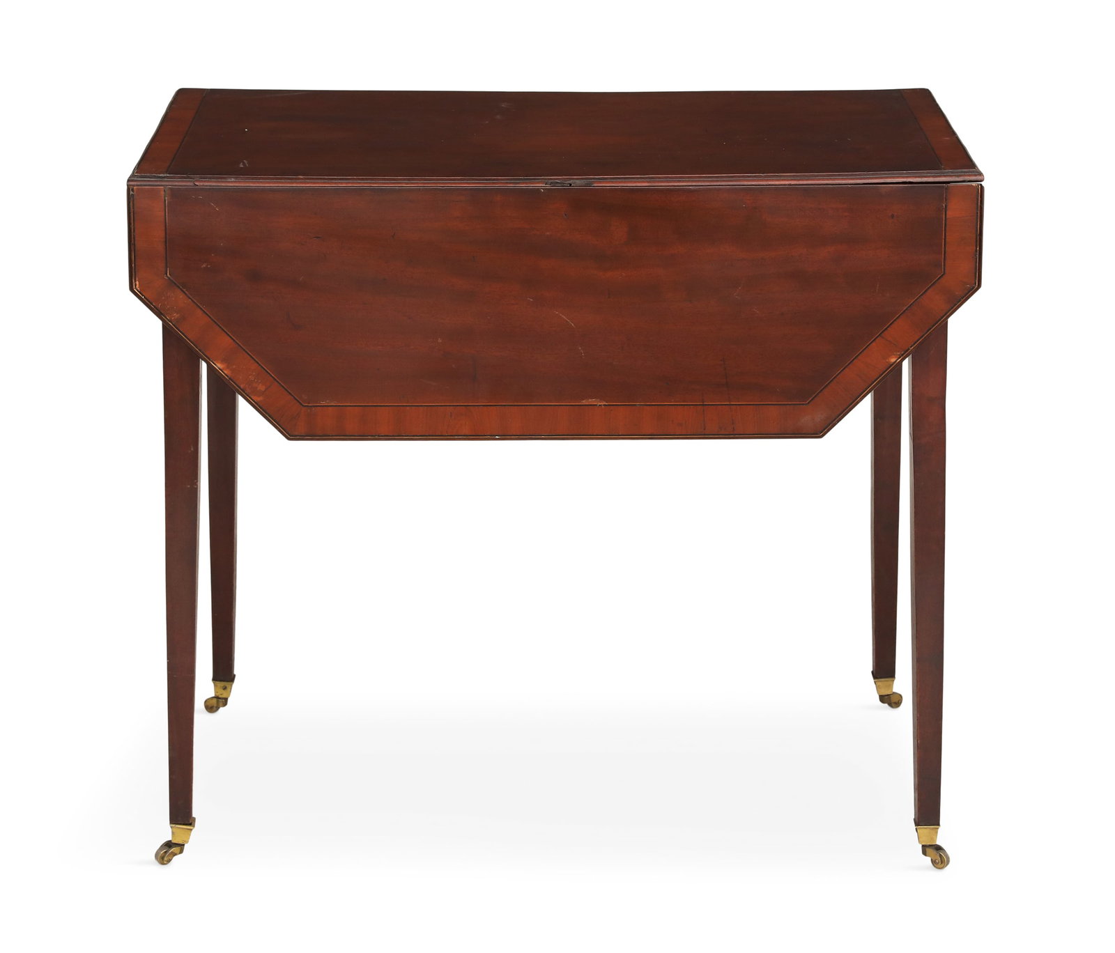 George III-Style Mahogany Drop-Leaf Table: George III-Style Mahogany Drop-Leaf Table 19th century, the banded rectangular top with drop leaves with canted corners, above a frieze fitted with one end drawer, raised on tapered square legs ending
