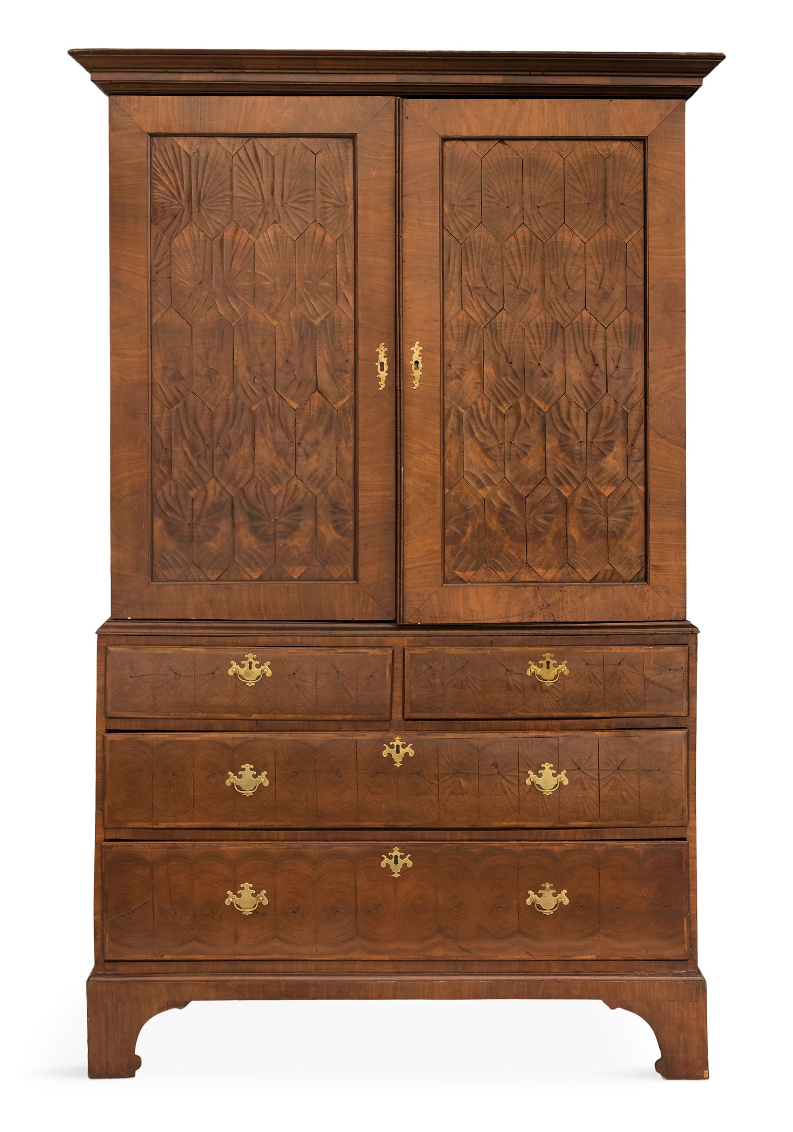 George III-Style Walnut Linen Press: George III-Style Walnut Linen Press 19th century, the heavily molded cornice above a case fitted with two paneled doors, each with a panel of oyster veneers, the lower section fitted with two short dr