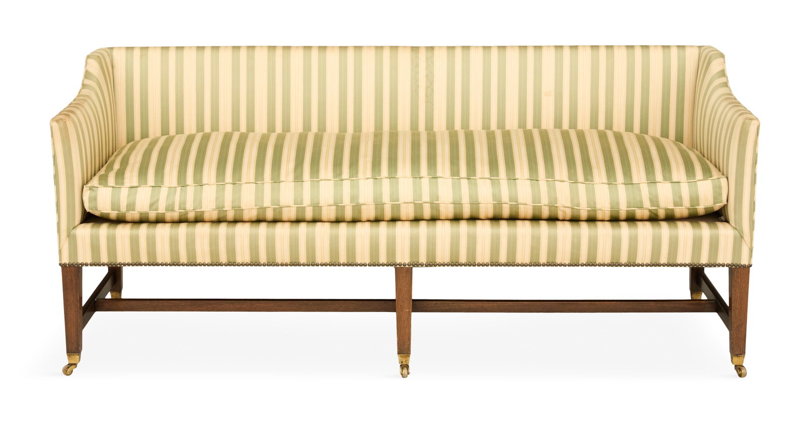 George III-Style Mahogany Box Settee: George III-Style Mahogany Box Settee 19th century, the low, padded rectangular back joined to the cushioned seat by downswept padded sides, raised on tapered square legs joined by stretchers and endin