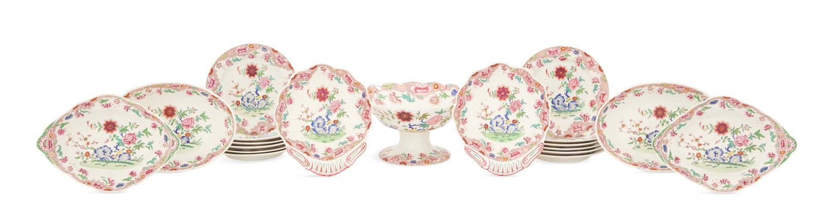 Spode Pottery Dessert Service: Spode Pottery Dessert Service ca. 1825, decorated with rose, blue and green peonies and lotus flowers in the chinoiserie taste, with both impressed and brown printed "Spode" marks, as well as brown ha