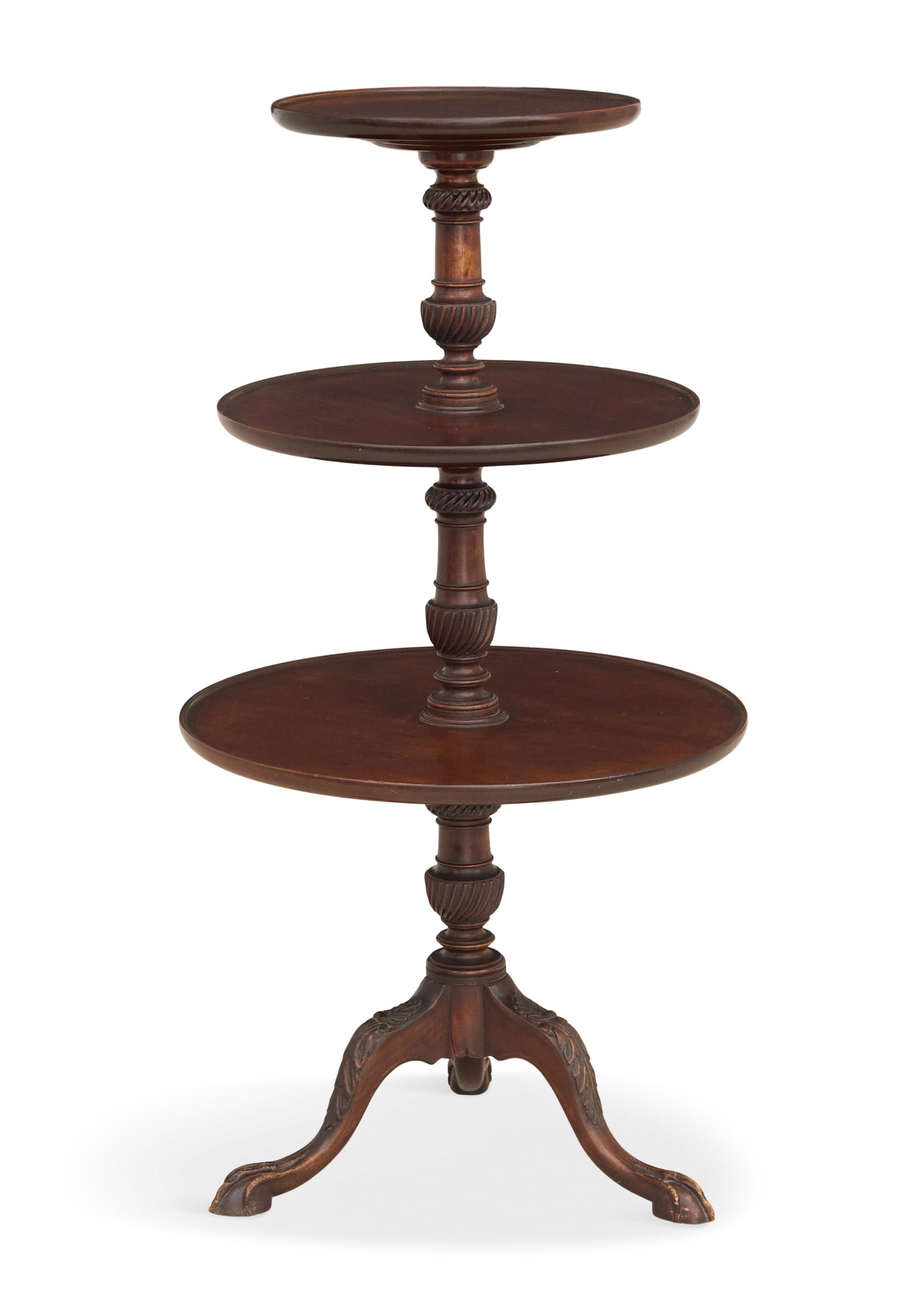 George III-Style Mahogany Dumbwaiter: George III-Style Mahogany Dumbwaiter 19th century, consisting of three graduated dished circular tiers, joined by turned spiral-fluted vasiform supports, raised on a like standard to three splayed