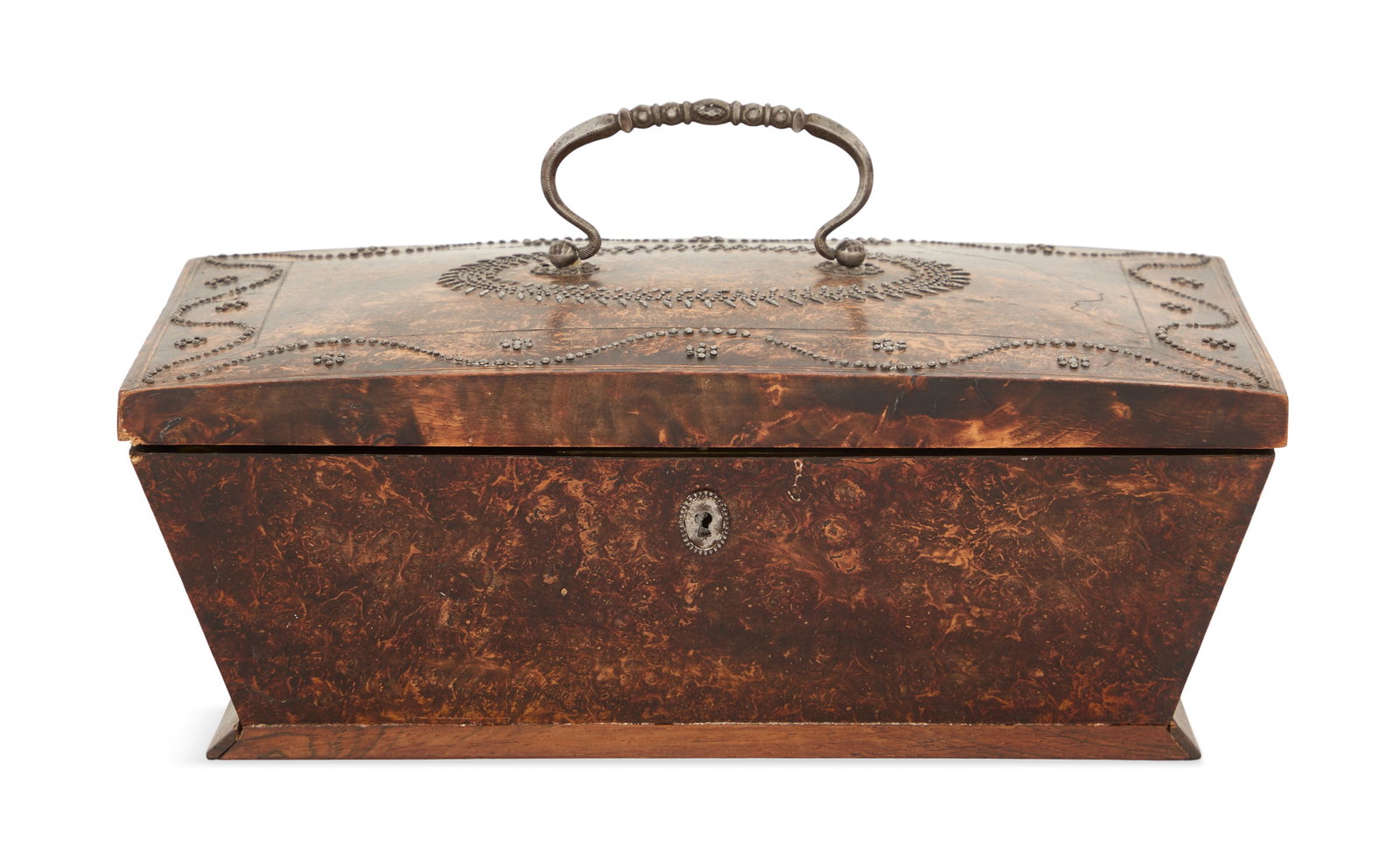 Rare Georgian Cut-Steel Decorated Box: Rare Georgian Cut-Steel Decorated Box ca. 1800, the burl-veneered pylon-form box decorated with a steel handle in an oval of steel studs, and scalloped borders of steel studs. h. 4-3/4", w. 13", d.