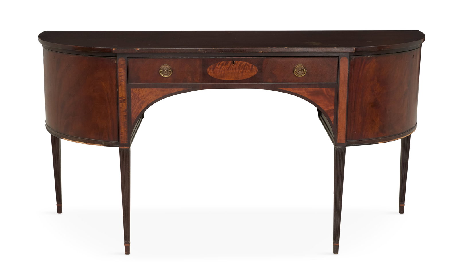Georgian-Style Mahogany Sideboard: Georgian-Style Mahogany Sideboard 20th century, the D-form top with a projecting center above a case fitted with a central cutlery drawer flanked to either side by a cupboard door, raised on fluted, t