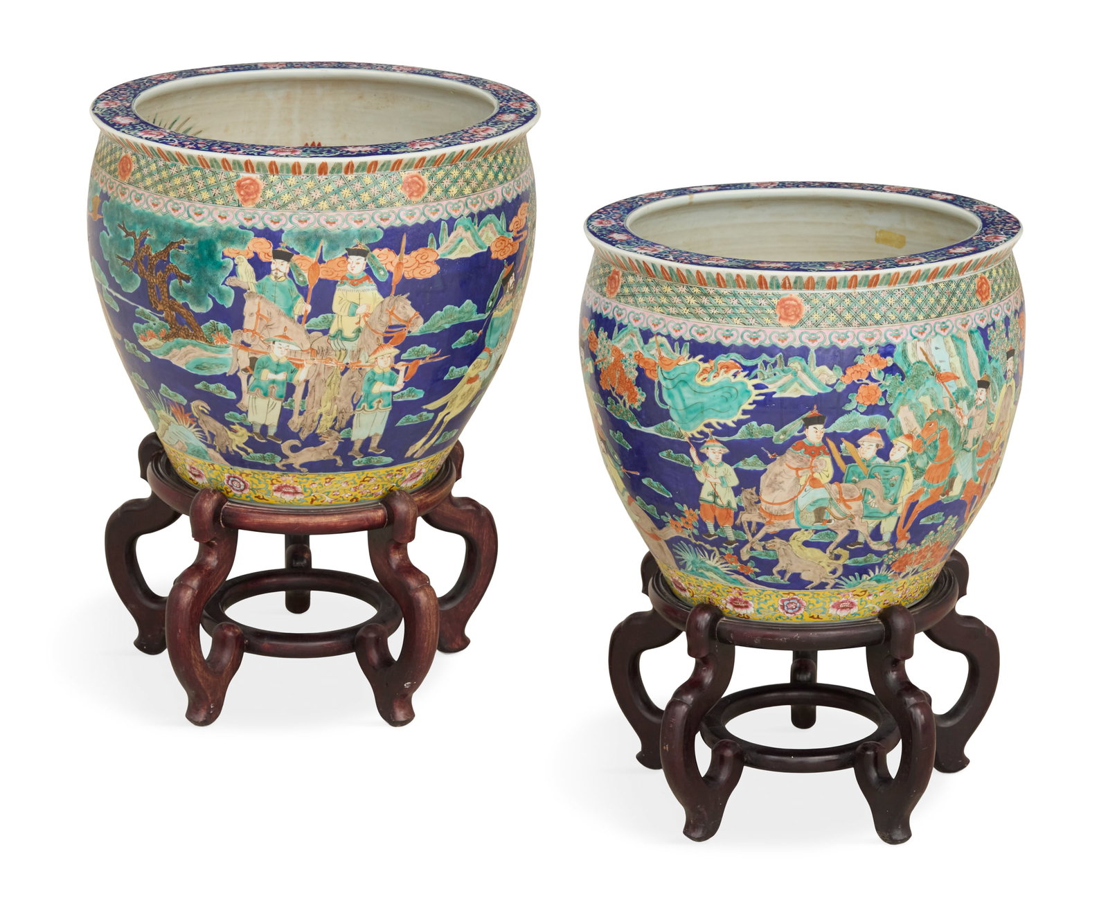 Pair of Chinese Export Fish Bowls on Stands: Pair of Chinese Export Fish Bowls on Stands each decorated with a procession of mandarin warriors on horseback, on a cobalt ground, the interior with lotus blossoms, on ebonized stands. h. 26", dia. 1