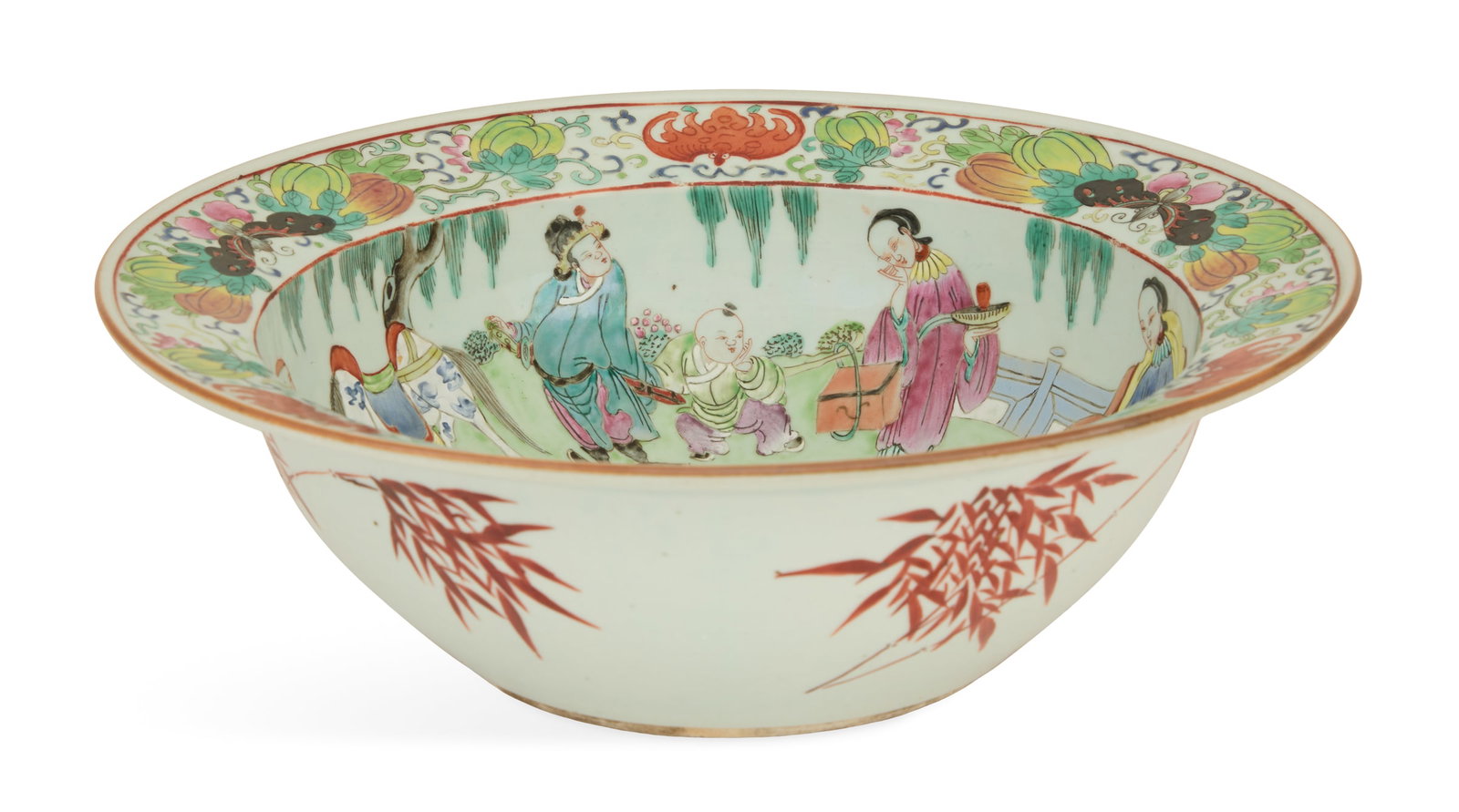 Chinese Export Basin in the Famille Rose Palette: Chinese Export Porcelain Basin in the Famille Rose Palette 19th century, Ching Dynasty, the center panel with a dragon swimming in waves, the sides with mandarin figures under willow trees, the border