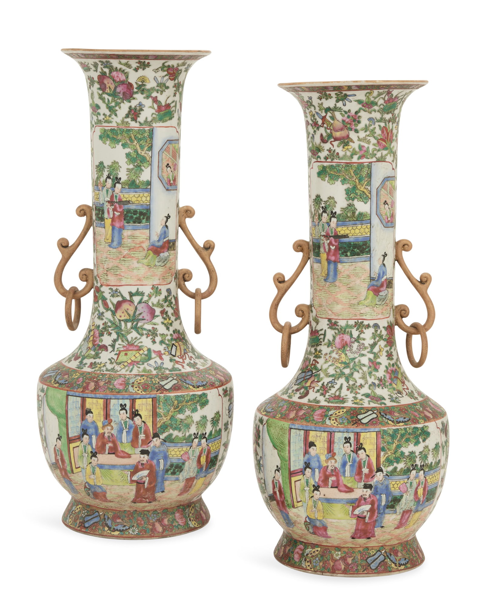 Pair of Chinese Rose Medallion Porcelain Vases: Pair of Unusual Chinese Rose Medallion Porcelain Vases 20th century, the vases with trumpet-form upper sections over bulbous bases, decorated with mandarin figures against a ground of peonies and scho