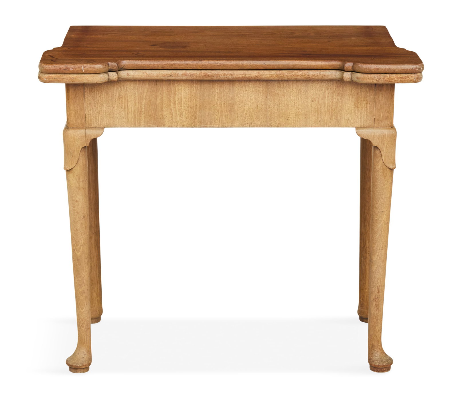 Queen Anne Mahogany Fold-Over Games Table: Queen Anne Mahogany Fold-Over Games Table 18th century, the top opening to a tooled leather interior and supported by accordion-form pull-out legs. h. 29", w. 16-1/2", ext. w. 32", d. 32-1/2" Provenan