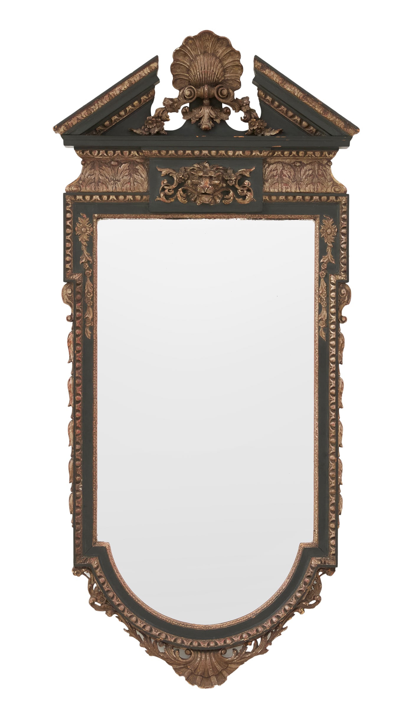 English Ebonized and Silver-Gilt Mirror: English Ebonized and Silver-Gilt Mirror second quarter 20th century, in the George II taste, the broken-pediment crest set with a center shell, the surround with a central tablet set with a lion's hea