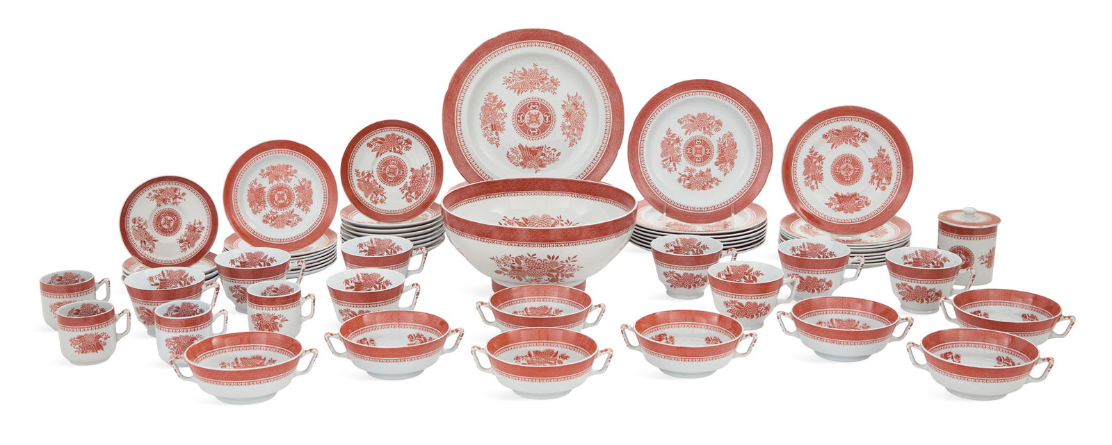 Spode "Fitzhugh" Red Porcelain Dinner Service: Spode "Fitzhugh" Red Porcelain Dinner Service ca. 1900 and later, the service including: eight dinner plates, dia. 10-1/4"; eight salad plates, dia. 8"; eight cream soup bowls and stands, h. 1-3/4", d