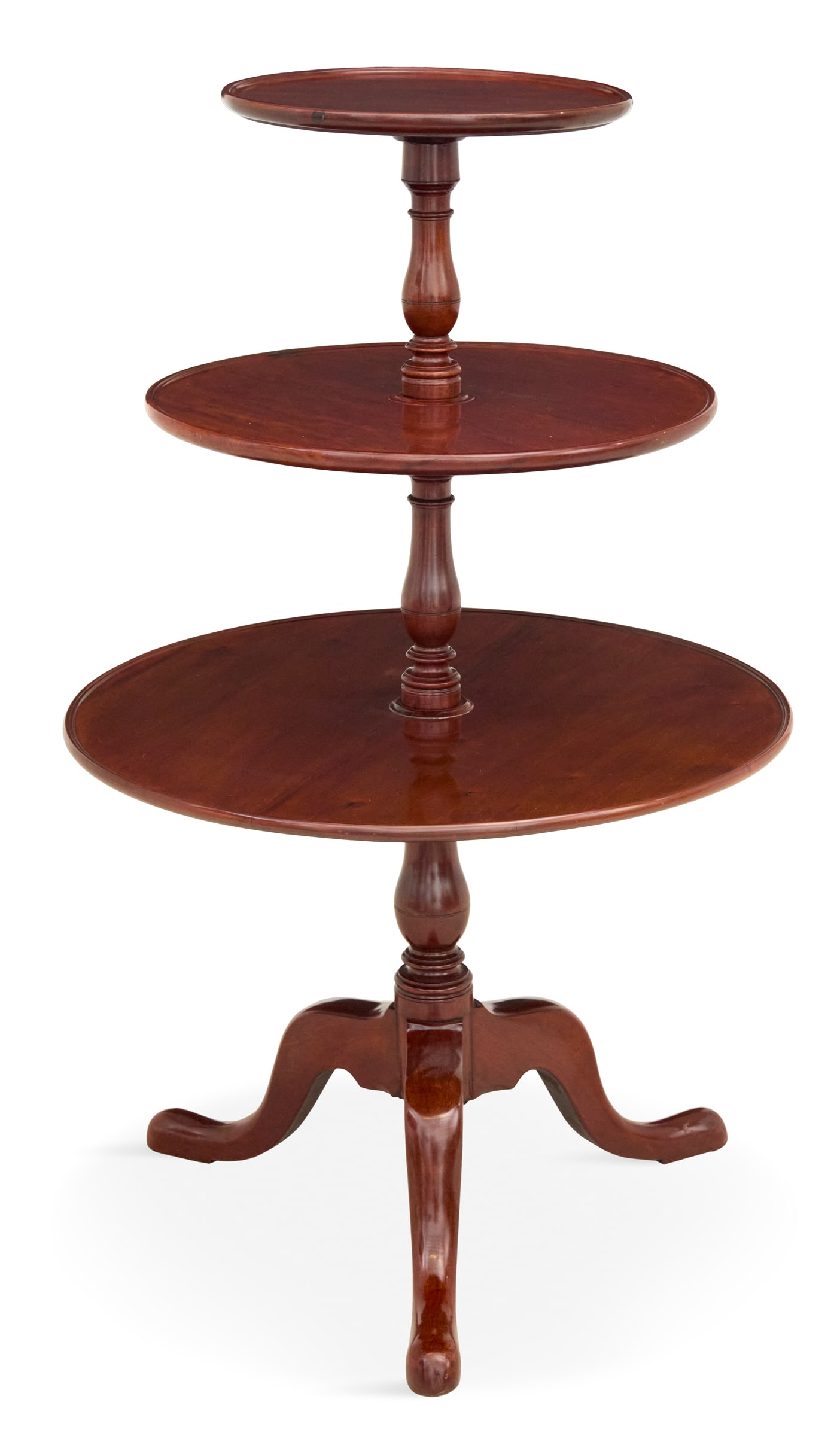 George III-Style Mahogany Dumbwaiter: George III-Style Mahogany Dumbwaiter 20th century, consisting of three graduated circular tiers, all with raised and molded edges, the whole raised on three splayed cabriole legs ending in pad feet. h
