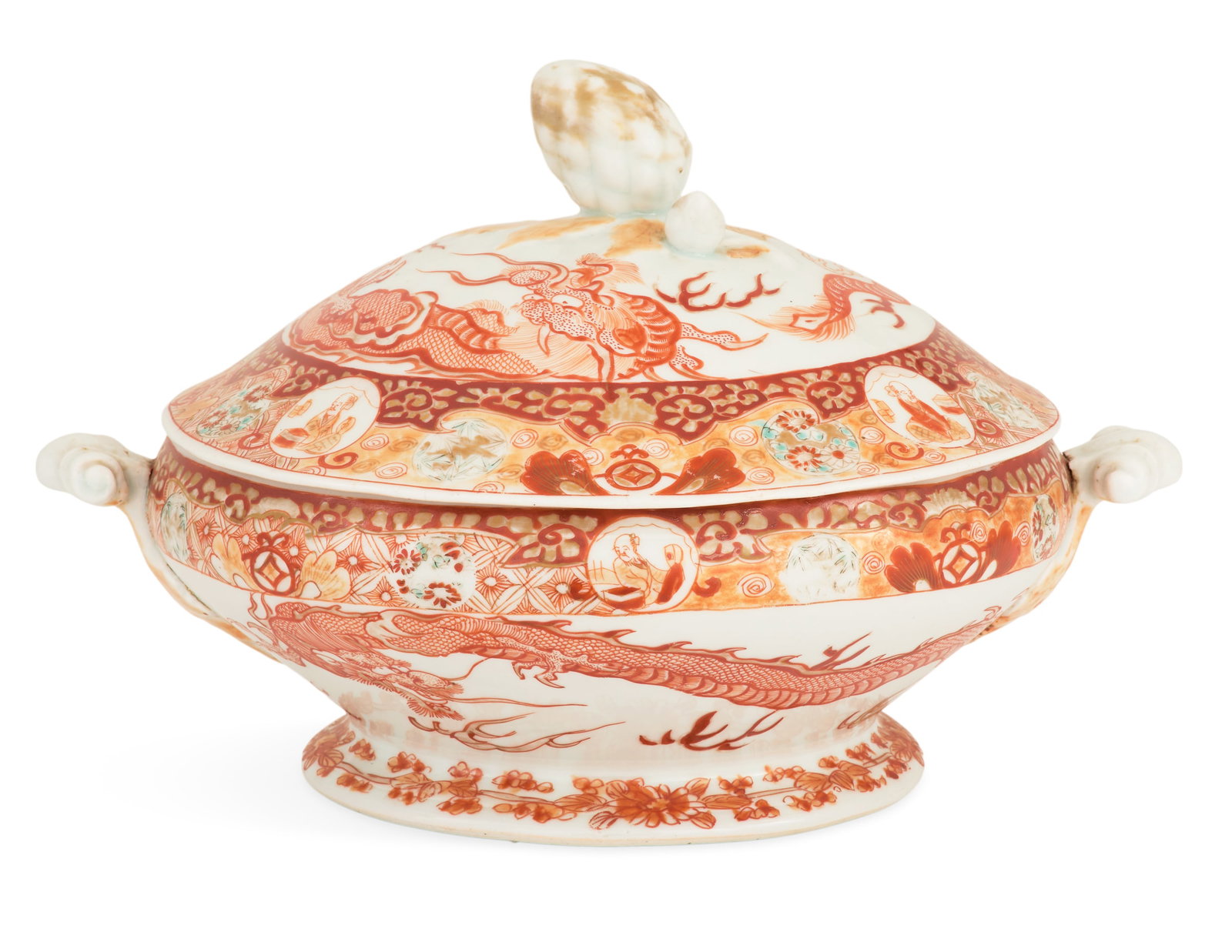 Very Unusual Japanese Tureen in the Limoges Taste: Very Unusual Japanese Tureen in the Limoges Taste 19th century, with a cove-molded knop and scrolled handles, the tureen decorated with iron-red swirling dragons, the bottom with Arita-style marks. h.