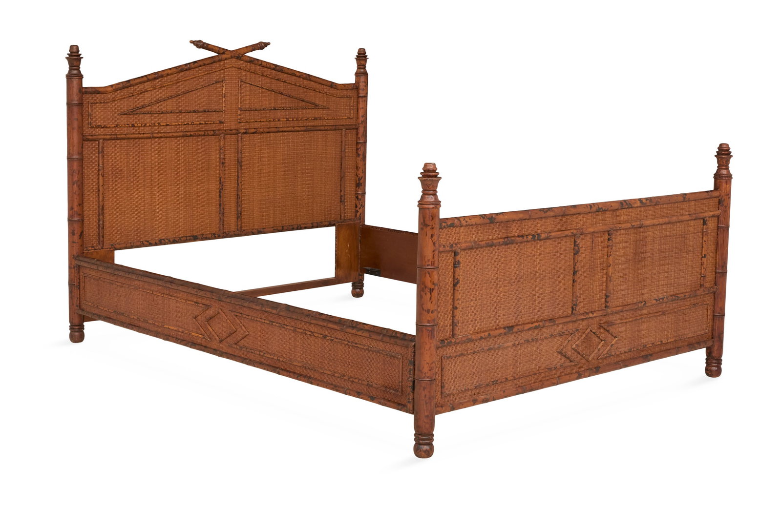 Queen-Size Bamboo and Woven Rattan Bed: Queen-Size Bamboo and Woven Rattan Bed the headboard with a peaked crest over woven rattan panels and trimmed with bamboo moldings, labeled "Made Exclusively for Bloomingdales". h. 51", inside w. 64",