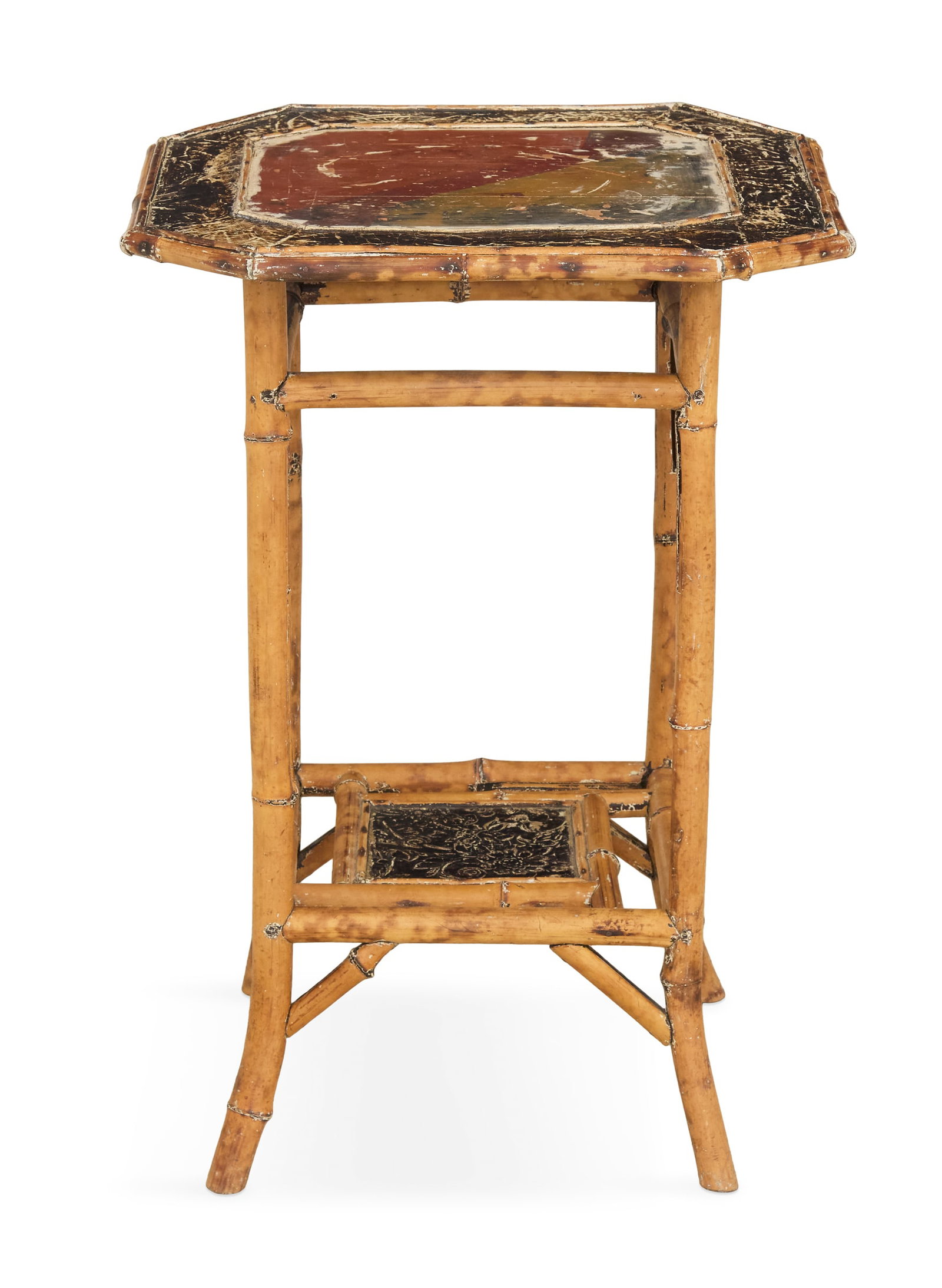 Anglo-Indian Bamboo Occasional Table: Anglo-Indian Bamboo Occasional Table early 20th century, the canted square top with a central painted panel, joined to an embossed leather lower shelf by bamboo supports continuing to splayed legs. h.