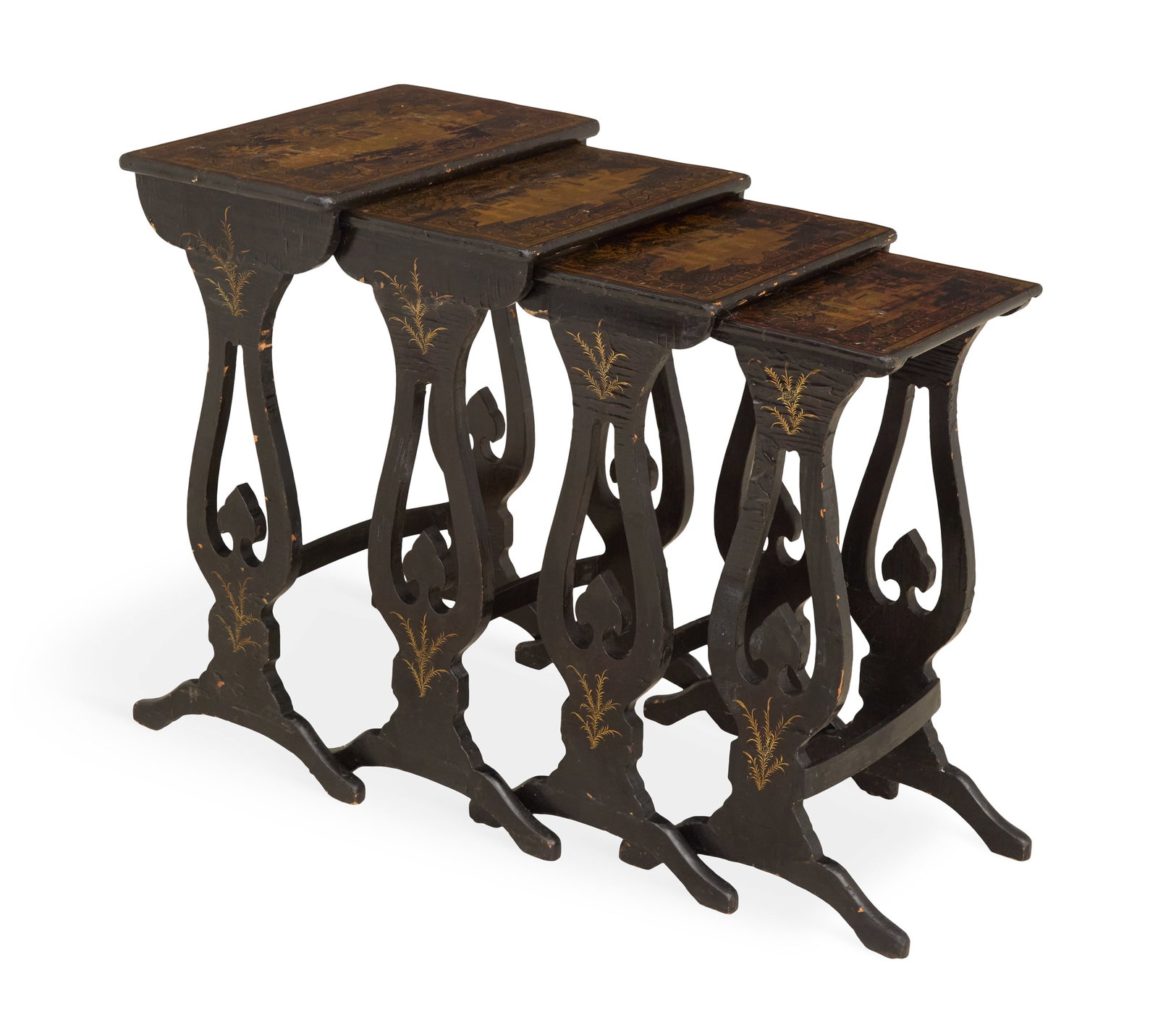 Four Chinese Export Lacquered Nesting Tables: Set of Four Chinese Export Black Lacquered Nesting Tables 19th century, each of the four with a rectangular top with an elaborately gilt fanciful landscape, raised on lyre-form end supports joined by 
