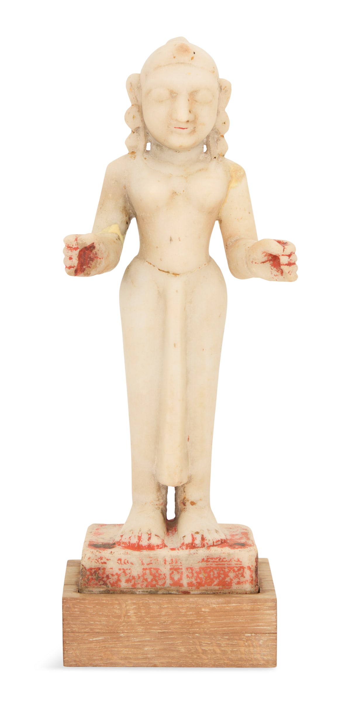 Indian Marble Figure of a Hindu Goddess: Indian Marble Figure of a Hindu Goddess 19th century or earlier, the standing figure retaining remnants of original paint, likely depicting Jain Yakshini, now on a contemporary wooden base. h.