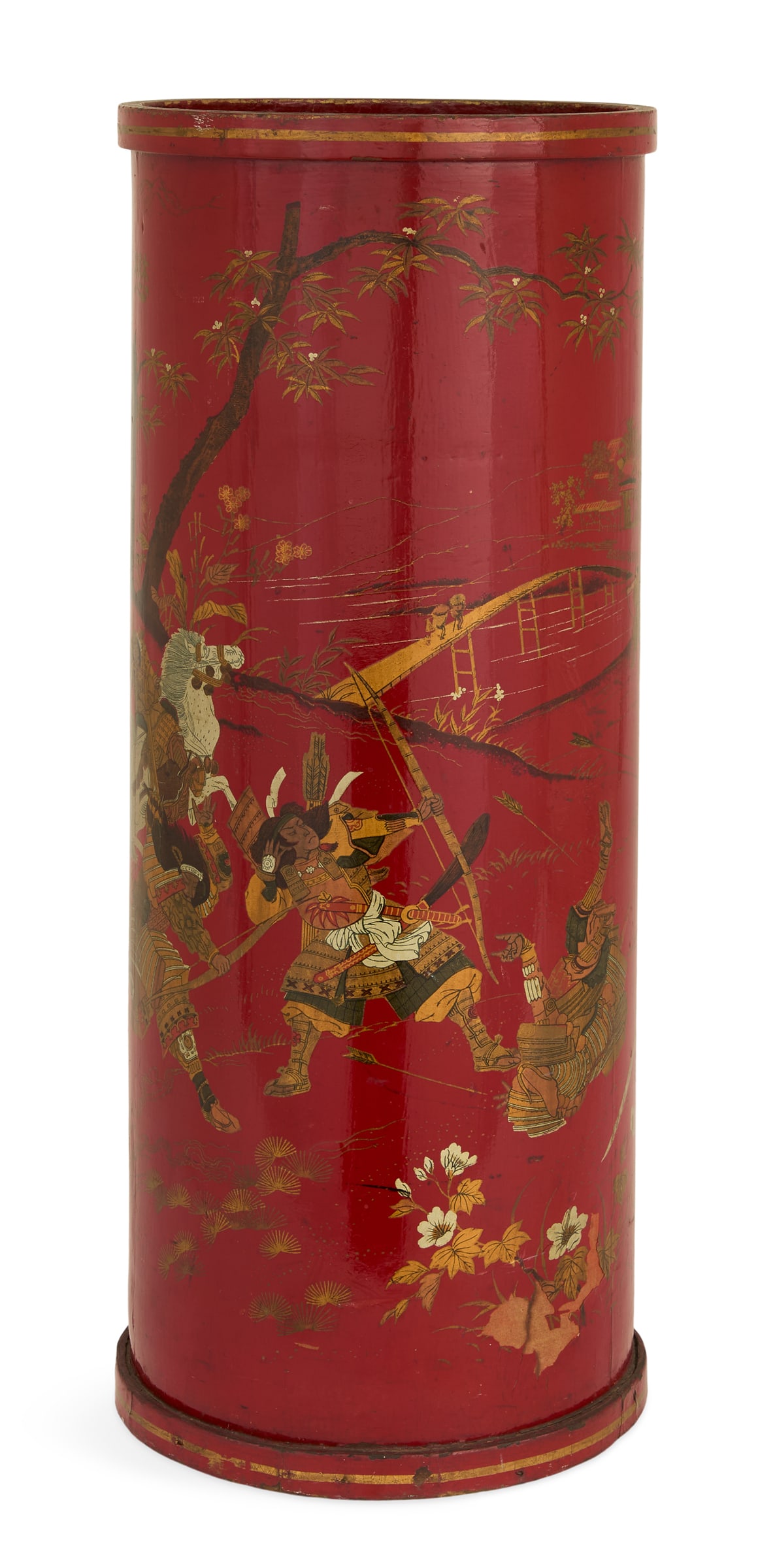 French Lacquer Umbrella Stand: French Lacquer Umbrella Stand 20th century, decorated with gilt samurai in landscapes, on a red ground, marked "Made in France" on the bottom. h. 24", dia. 9-1/2"
