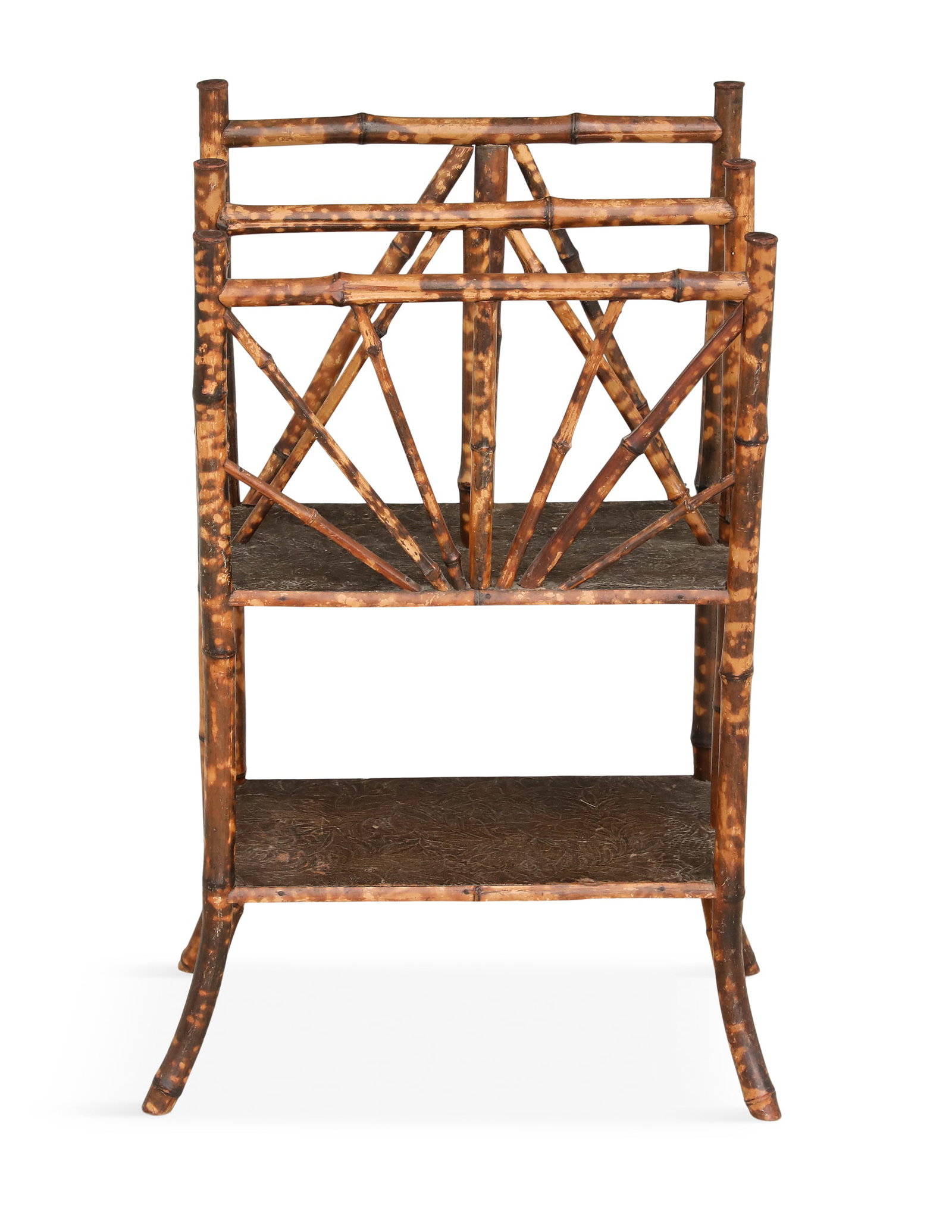 Aesthetic Movement Bamboo Magazine Rack: Aesthetic Movement Bamboo Magazine Rack late 19th century, the upper portion with two partitioned sections over an open shelf below, raised on splayed legs. h. 29-1/2", w. 17", d. 11"
