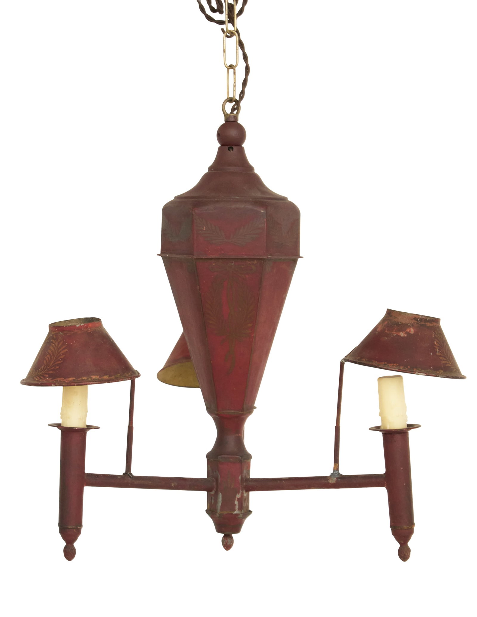 French Tole Argand-Style Chandelier: French Tole Argand-Style Chandelier early 20th century, the three-light chandelier with a central faceted red tole "tank" decorated with gilt wreaths and supporting three tole arms, set with electrifi