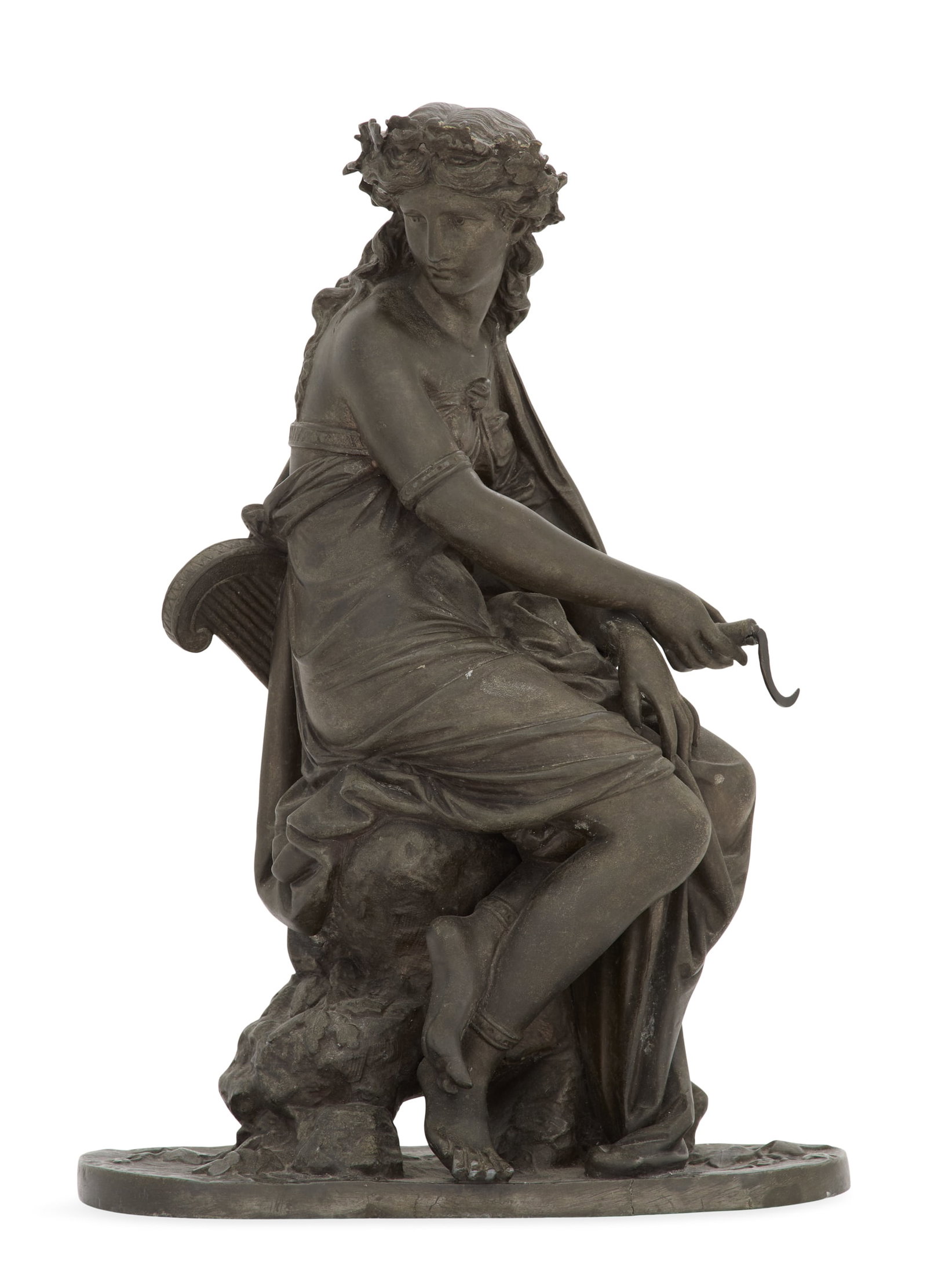 French Bronze Figure of the Goddess Ceres: French Patinated Bronze Figure of the Goddess Ceres late 19th century, Ceres modeled seated, with her sickle in one hand and a wreath in her hair. h. 12-1/2", w. 7-3/4", d. 4" Provenance: The Estate