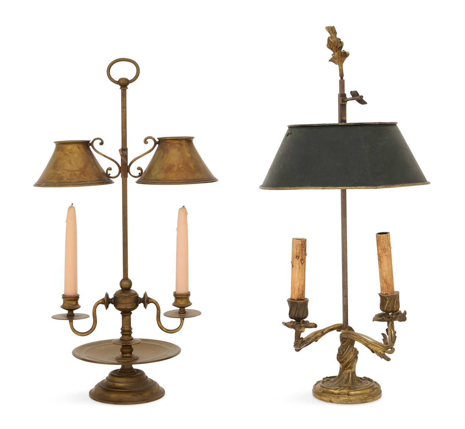 Two French Bouillotte Lamps: Two French Bouillotte Lamps 20th century, one example with a black tole shade in the Louis XV taste, with molded bronze rococo sockets, arms and base, h. 21-3/4", dia. 9-3/4", and the other example wi