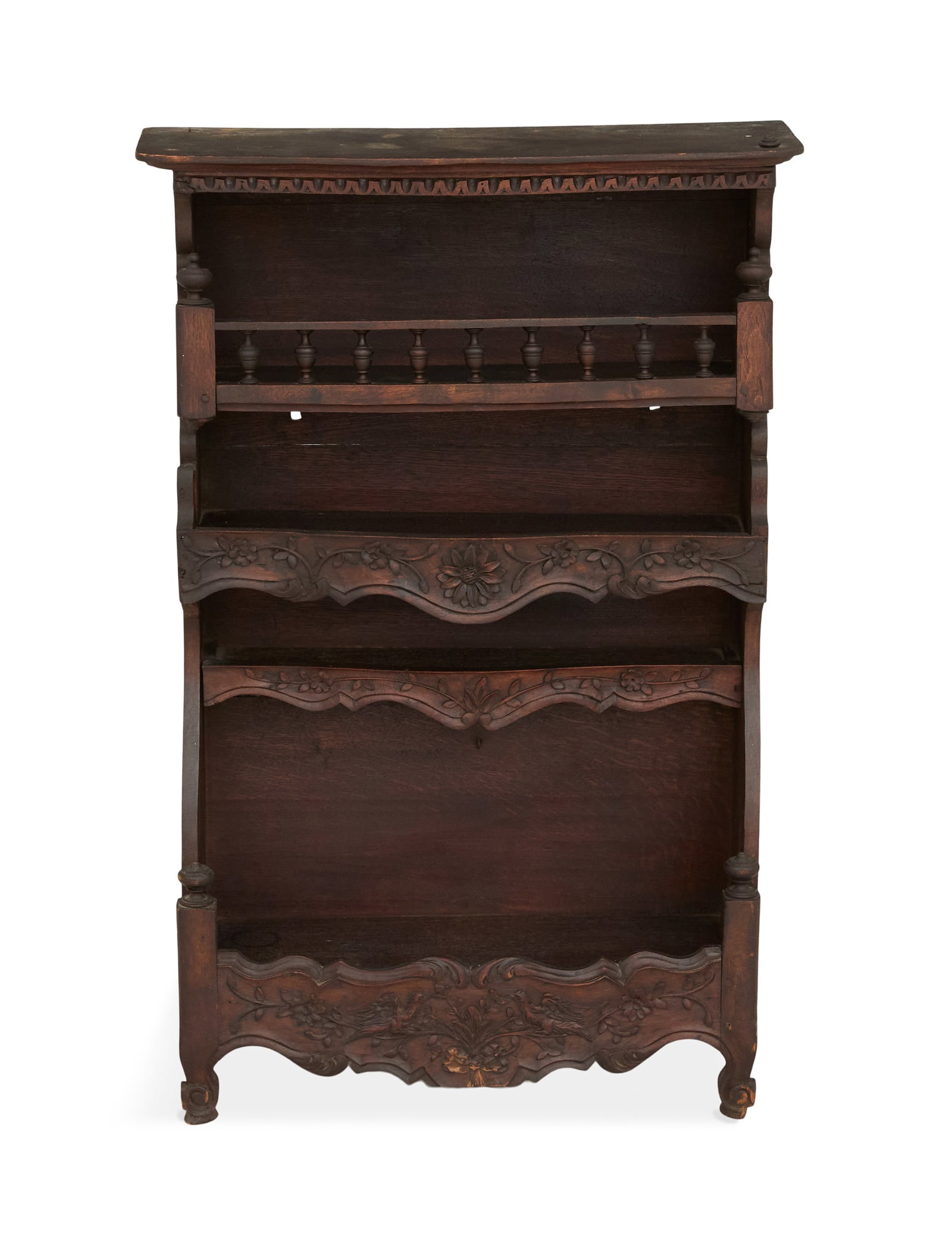 French Pine Shelf: French Pine Shelf in the Provincial Louis XV Taste 20th century, the upper shelf with a gallery and the three lower serpentine shelves with foliate-carved skirts, on short carved cabriole feet. h. 33"