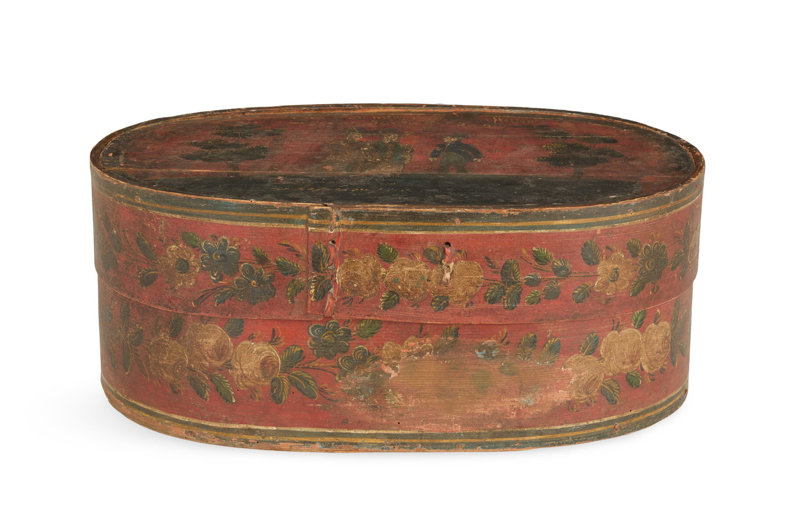 German Wooden Bride's Box: German Wooden Bride's Box 18th/19th century, the cover painted with a couple and a minister, along with a presentation inscription, the bentwood sides laced with cane and painted with flowers on a