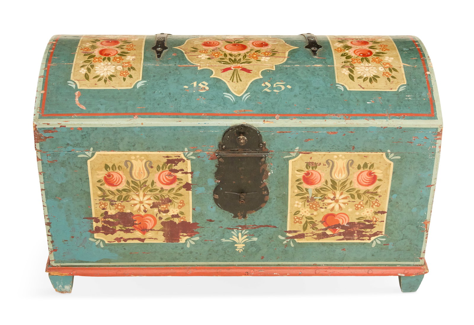 Swedish Polychrome Trunk: Swedish Polychrome Trunk firs quarter 19th century, the domed top dated "1825" and decorated with three painted floral reserves, over a tapered body with dovetailed corners, the front and sides with m