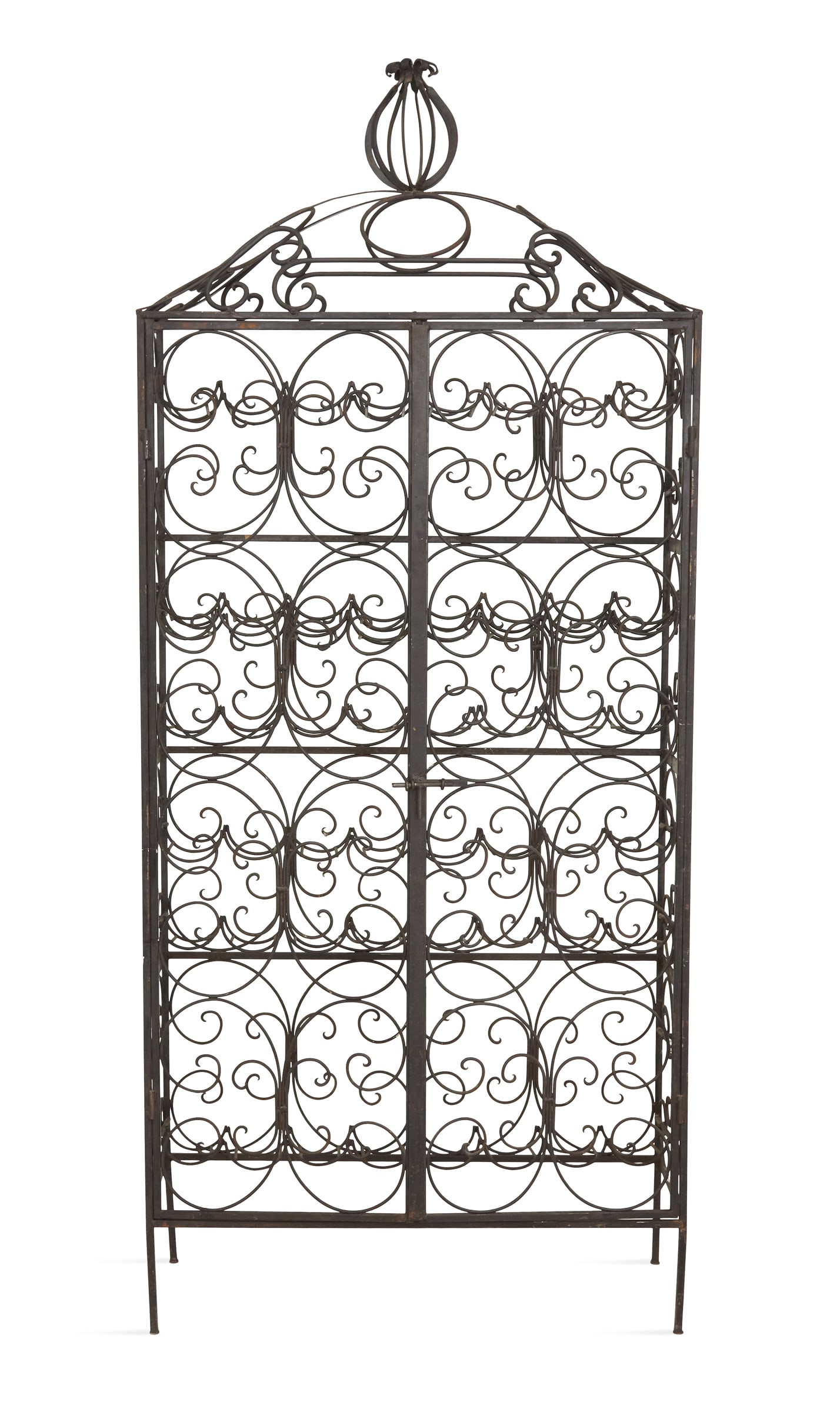 Spanish-Style Wrought-Iron Wine Cabinet: Spanish-Style Wrought-Iron Wine Cabinet of cage form, the domed cornice surmounted by a stylized pineapple finial, above a case fitted with two doors opening to six tiers, holding eight bottles per ti