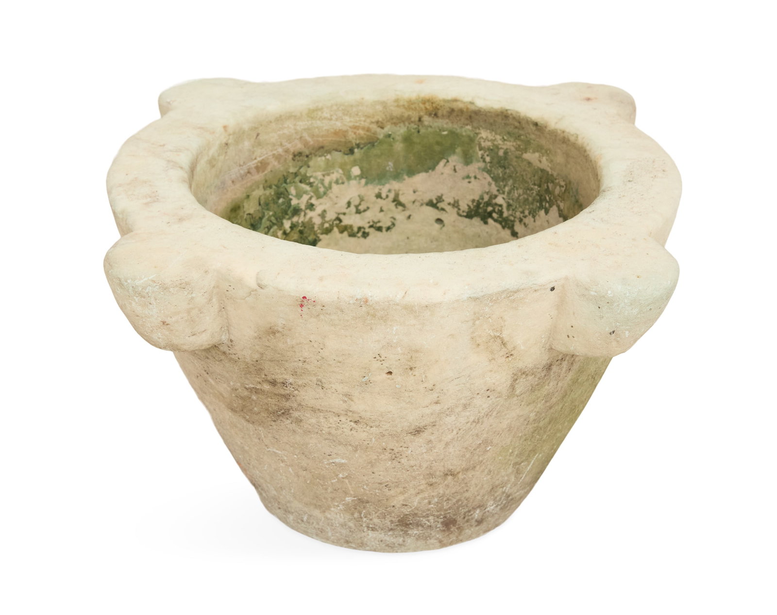 Large Carved Marble Mortar: Large Carved Marble Mortar 19th century, the tapered body set with four turreted "handles". h. 7-1/4", dia. 20"