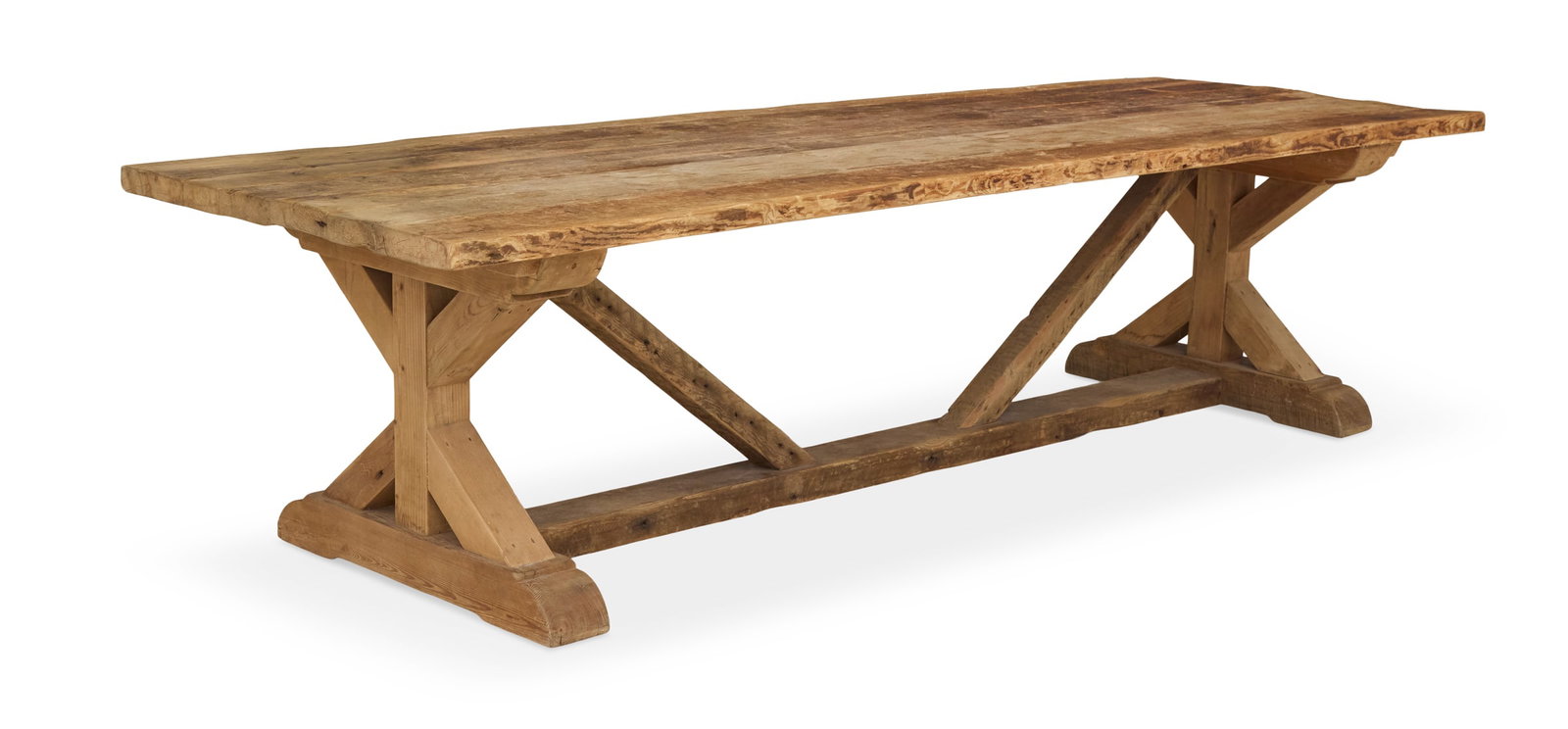 Large Rustic Pine Trestle-Form Farm Table: Large Rustic Pine Trestle-Form Farm Table Restoration Hardware, the thick plank top mounted to a base with X-form ends, joined by a stretcher. h. 33", w. 40", l. 124"