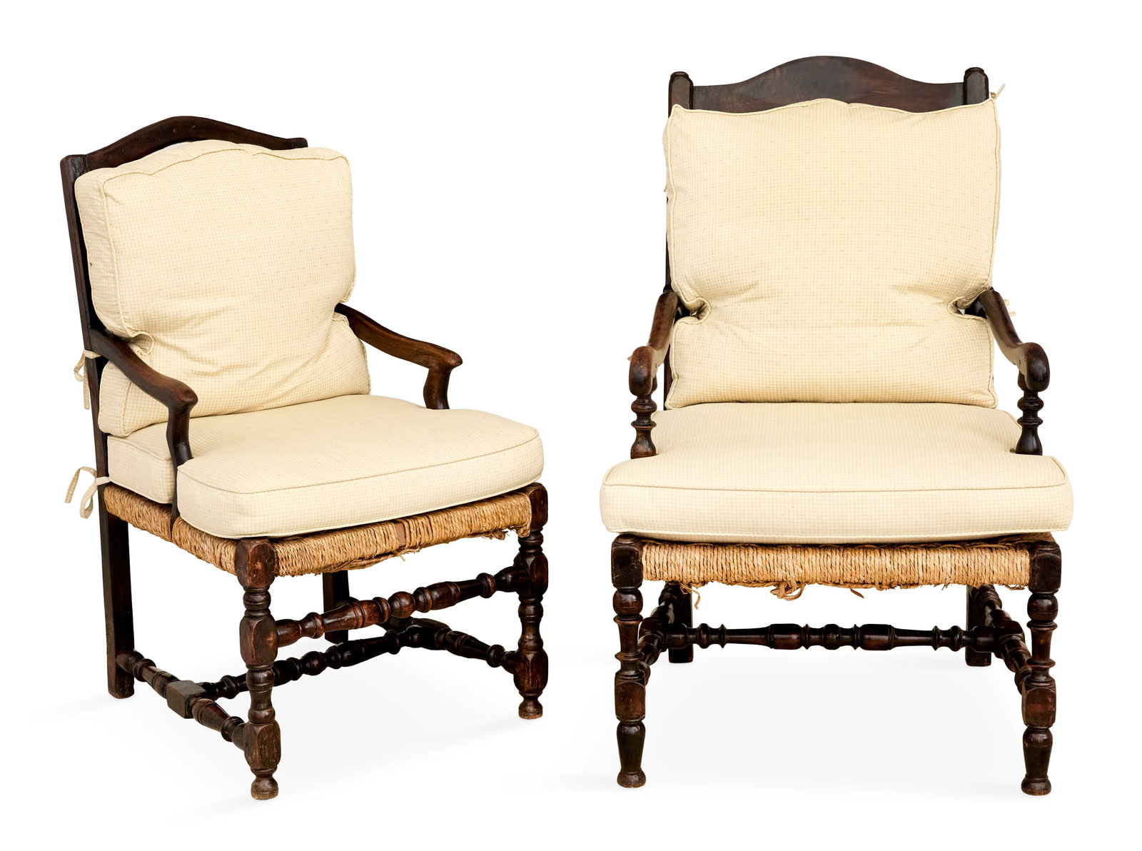 Near Pair of Provincial Fauteuils: Near Pair of Provincial Fauteuils 18th century, each with a domed top rail above a slatted back, joined to the rush seat by downswept arms, raised on ball-and-block legs joined by a like H-form stretc