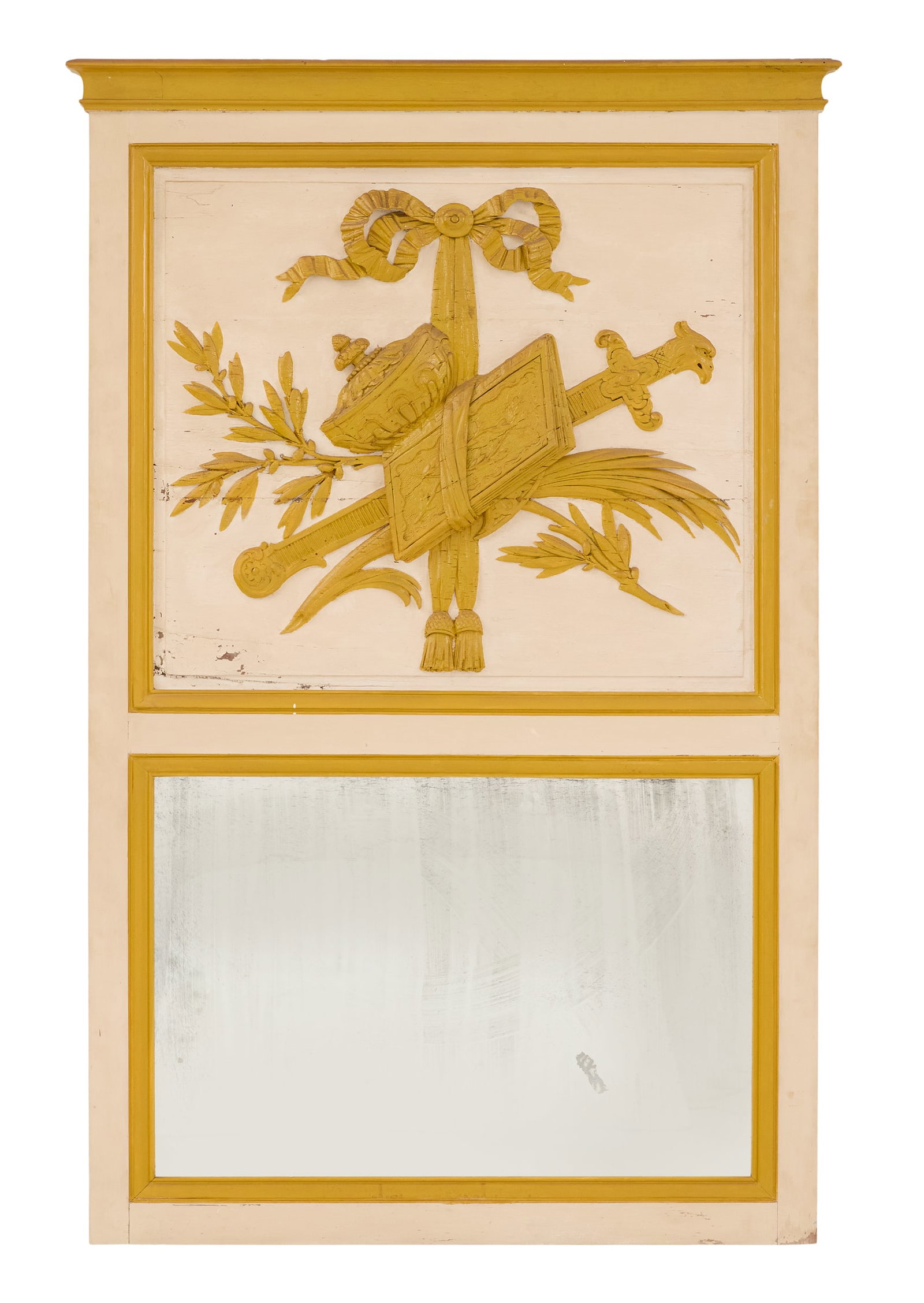 French Painted Trumeau Mirror: French Painted Trumeau Mirror first half 20th century, the upper tablet decorated with mustard-colored ribbon-bound trophies of a sword, book, urn, wheat and spray of laurel leaves, on an off-white gr