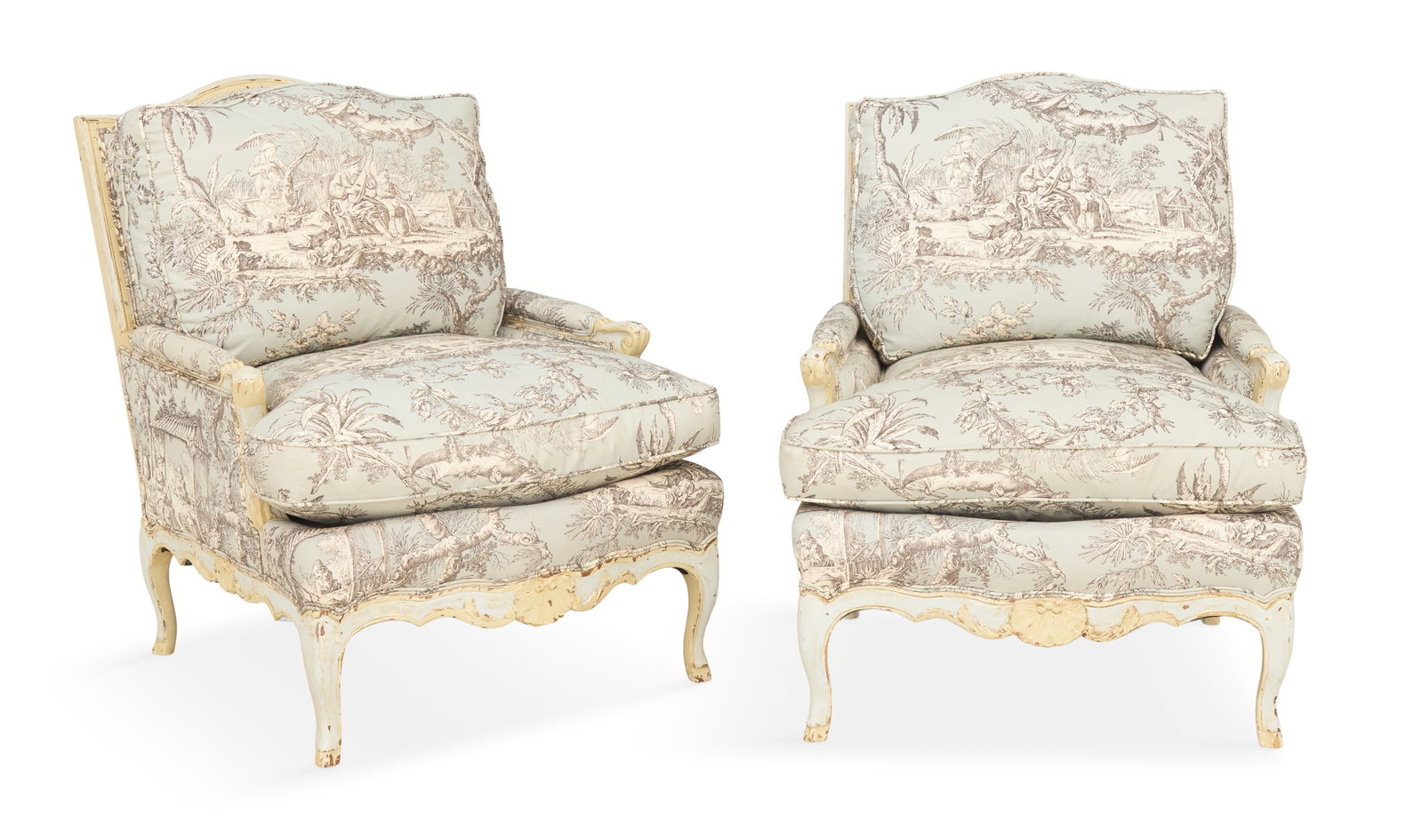 Pair of Louis XV-Style Polychrome Bergeres (1 of 4)
