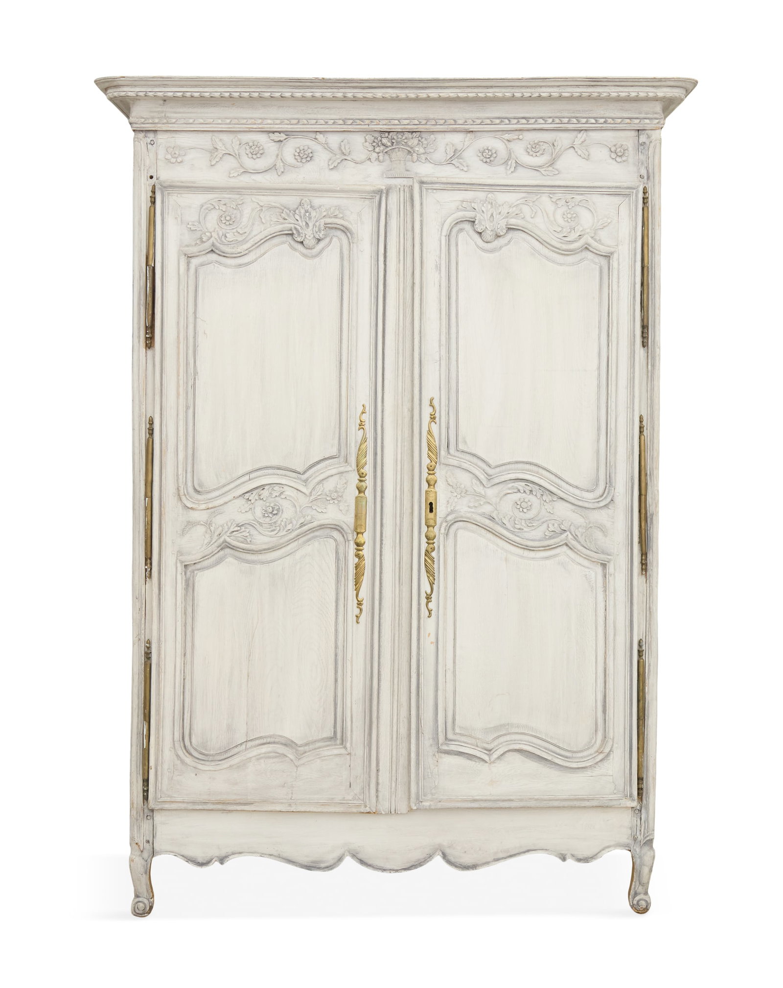 Provincial Louis XV-Style Polychrome Oak Armoire: Provincial Louis XV-Style Polychrome Oak Armoire 19th century, the molded cornice over a frieze adorned with a carved floral basket, vines and flora, the pair of doors with a pair of shaped panels and