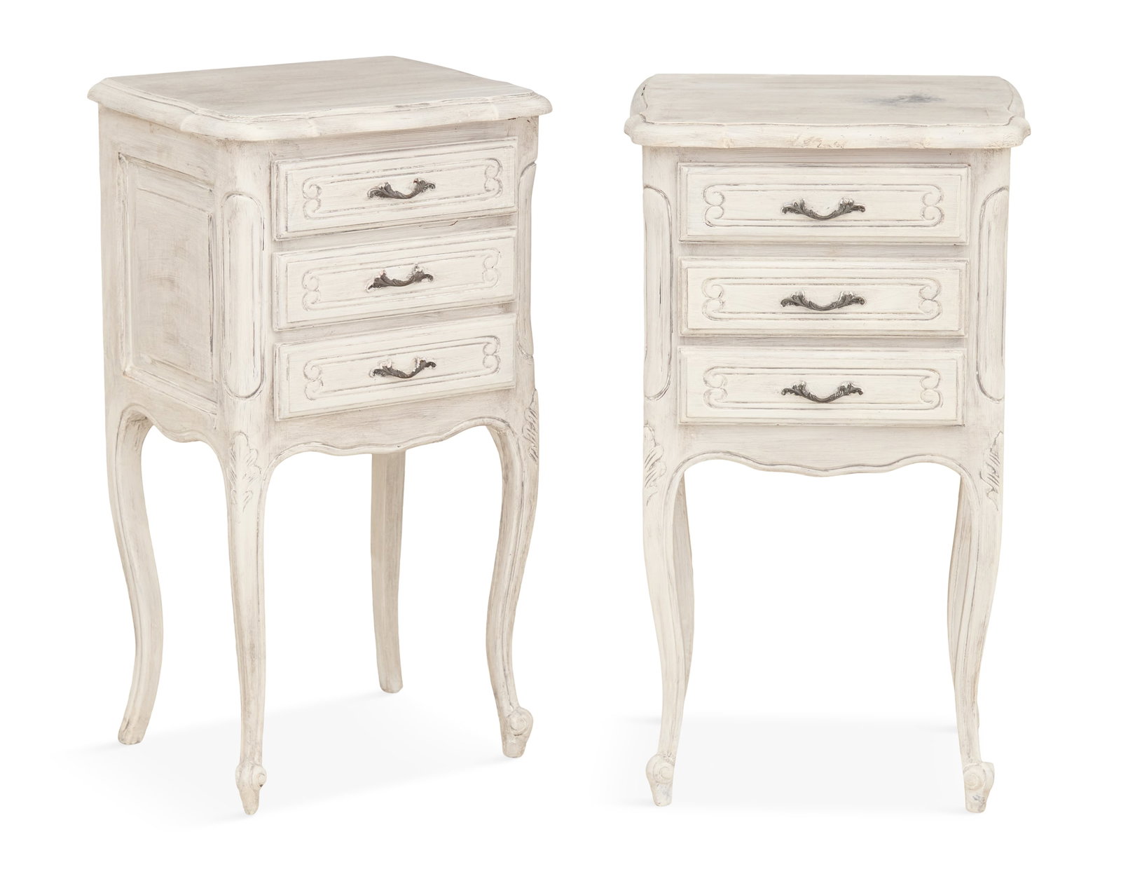 Pair of Louis XV-Style Bedside Commodes: Pair of Provincial Louis XV-Style Polychrome Bedside Commodes 20th century, each with a shaped square top above a case fitted with three drawers, raised on tall cabriole legs ending in scrolled toes. 