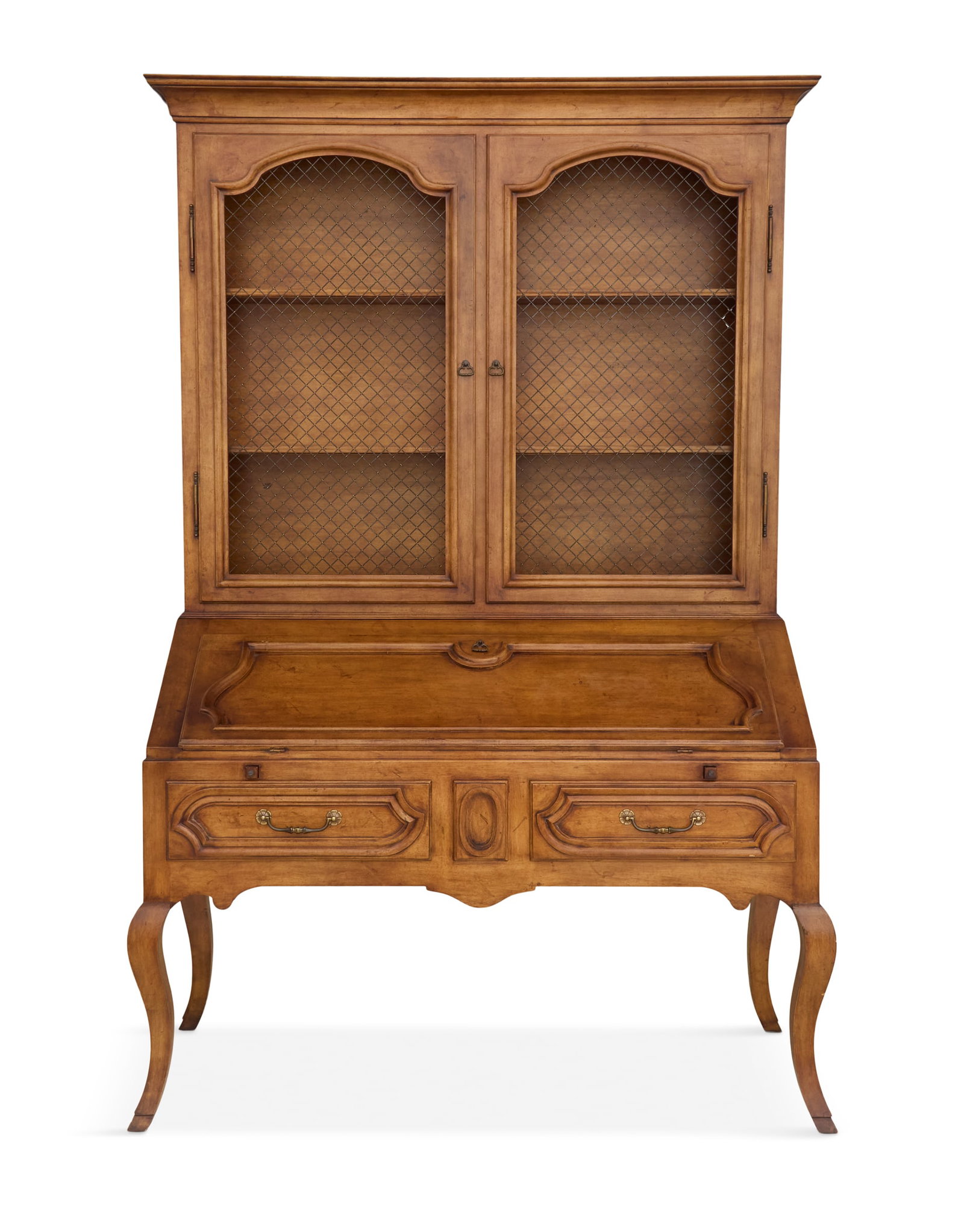 Provincial Louis XV-Style Fruitwood Secretary: Provincial Louis XV-Style Fruitwood Secretary the molded cornice above two doors inset with domed and grilled panels, the lower section fitted with a paneled slant front, opening to various drawers an