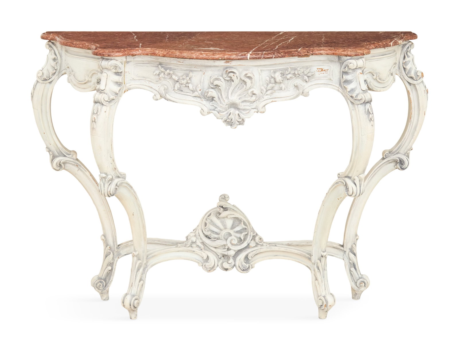 Louis XV-Style Marble-Top Console Table: Louis XV-Style Polychrome and Marble-Top Console Table 20th century, the shaped and bowed marble top above a conforming frieze centered by a foliate shield carving, raised on molded cabriole legs join