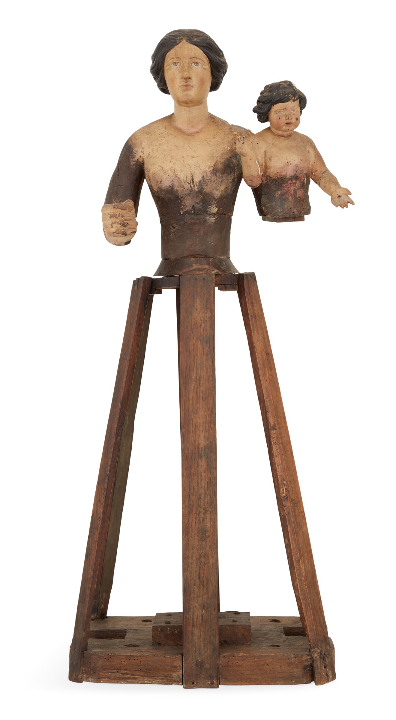Cage Doll Figure of Madonna and Child: Latin American Processional Cage Doll Figure of Madonna and Child 19th century and later, with carved and painted heads and arms on Mary and the baby, on a cage base. h. 41-1/2", w. 16-1/2", d. 11-1/2