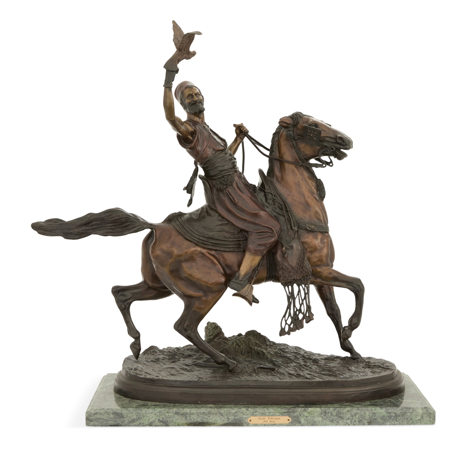 After Pierre-Jules Mene (French, 1810-1879): After Pierre-Jules Mene (French, 1810-1879) "Arab Falconer on Horseback" patinated bronze 20th century, cast signature on self-base, on a mottled green marble base. h. 26", w. 24-1/4", d. 11-1/4"